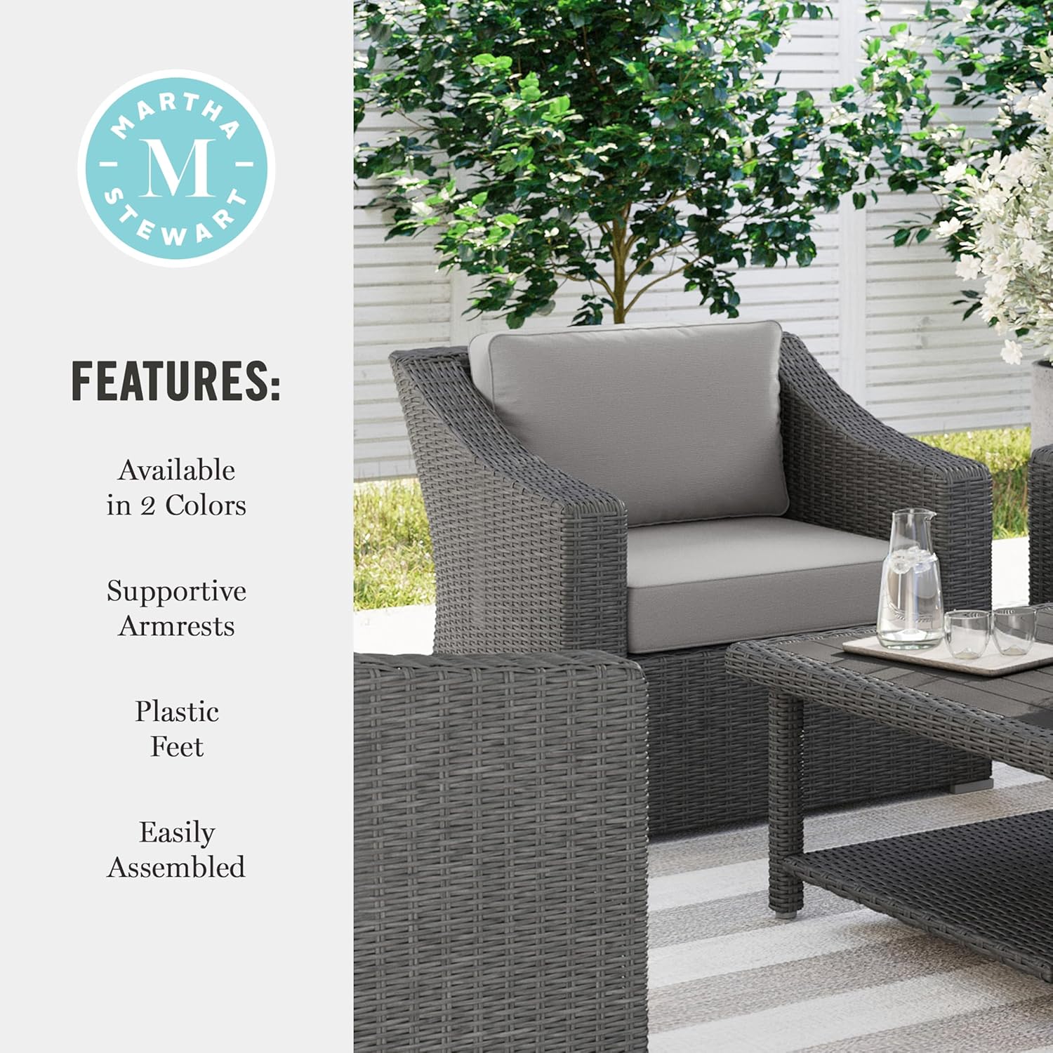 Martha Stewart Bedford Indoor-Outdoor Patio Accent Chair with Rattan Wicker Finish in Gray with Gray All-Weather Cushions