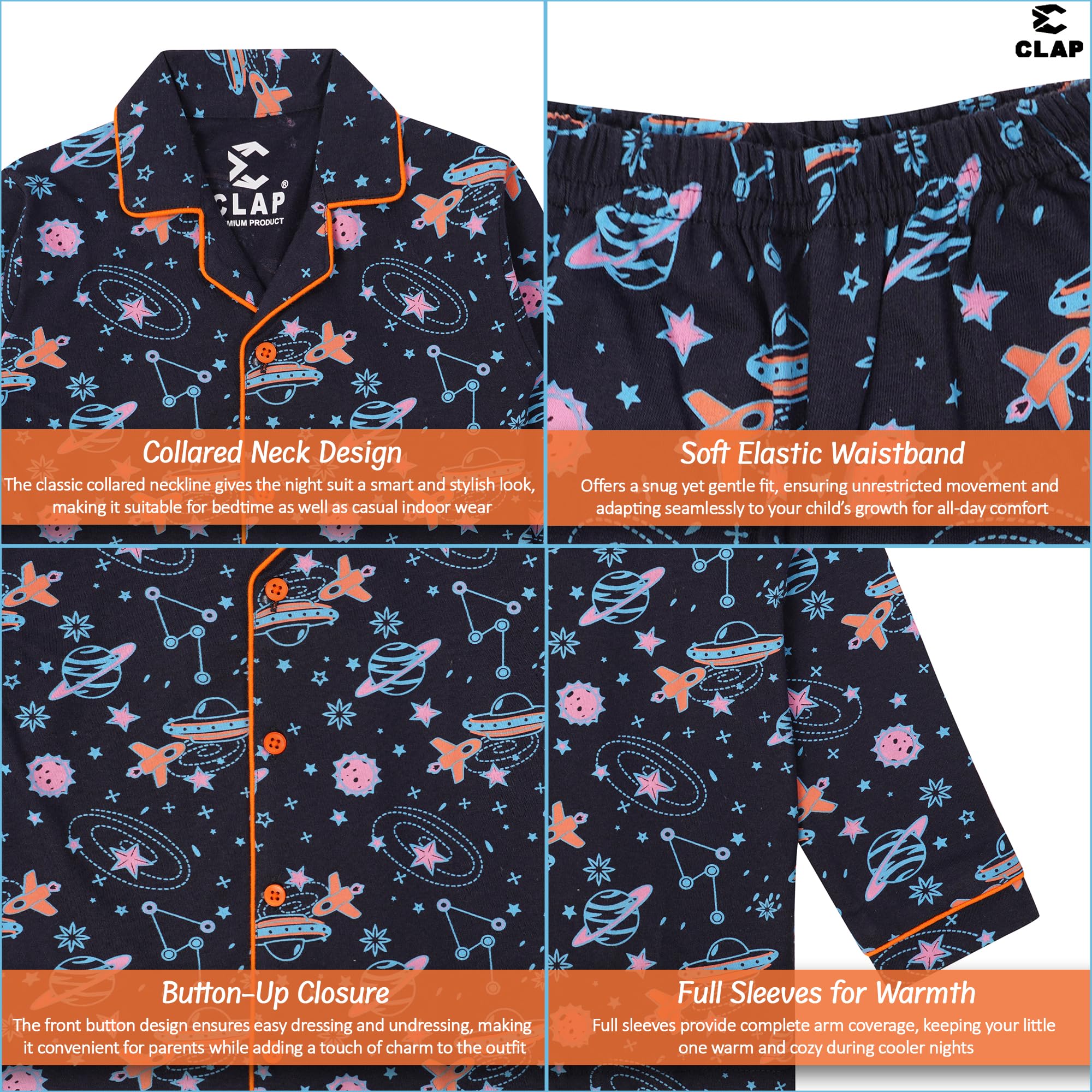 CLAP Kids Cotton Printed Full Sleeves Night Suit Navy Blue 1Pc (2-3 Years, Navy Blue) - Image 2 thumbnail