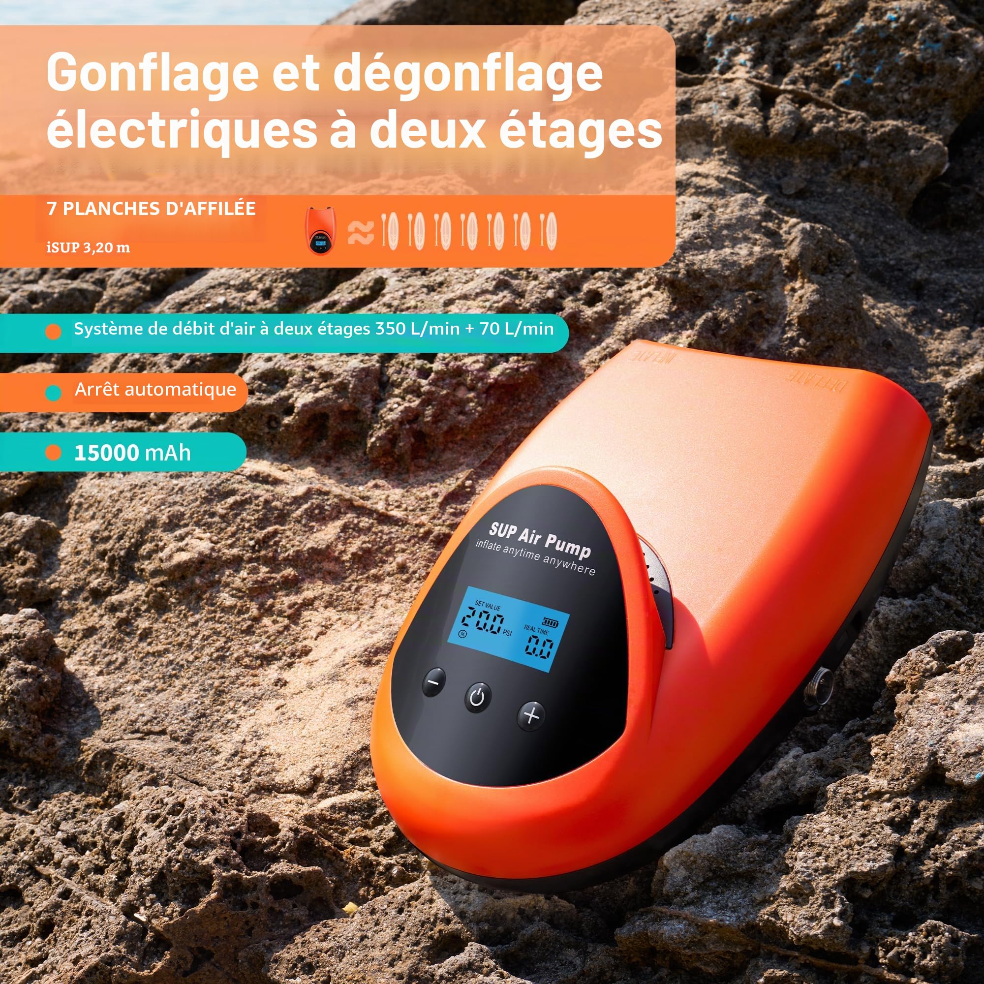 TONSIM Pompa Elettrica Ricaricabile 20 PSI - Gonfiatore Portatile ad Alta Pressione per Sup, Gommoni e Barche - Batteria Integrata e Adattatore 12V per Auto - Ideale per Campeggio e Sport Acquatici