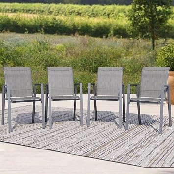 Patio Chairs Set of 4, Stackable Outdoor Dining Chairs with Metal Frame and Breathable Textilene Fabric, All Weather Dining Furniture Set for Lawn, Garden, Backyard, Poolside, Grey