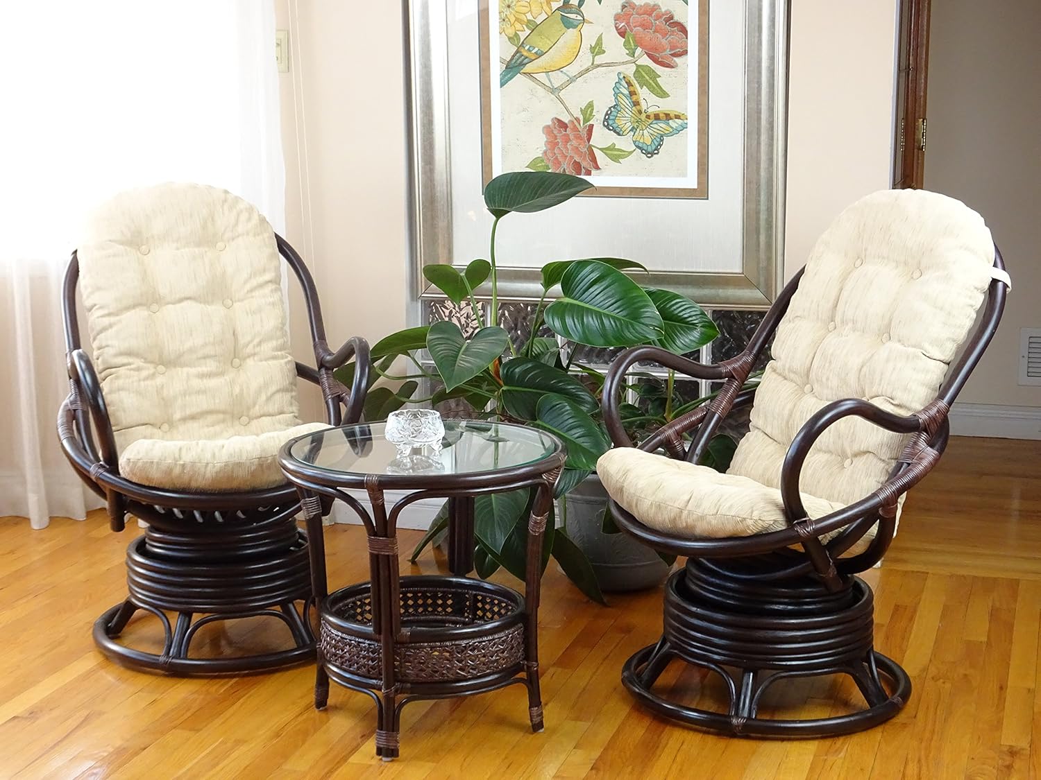 Lounge Set of 2 Swivel Rocking Java Chair Natural Rattan Wicker Handmade with Cream Cushion and Round Coffee Table, Dark Brown