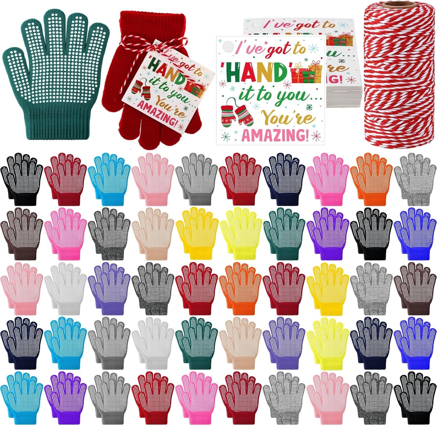 Toulite 50 Pairs Kids Knit Gloves Winter Bulk with Gift Tag Non Slip Warm Ski Mitten for 5-10 Boy Girl Cold Weather