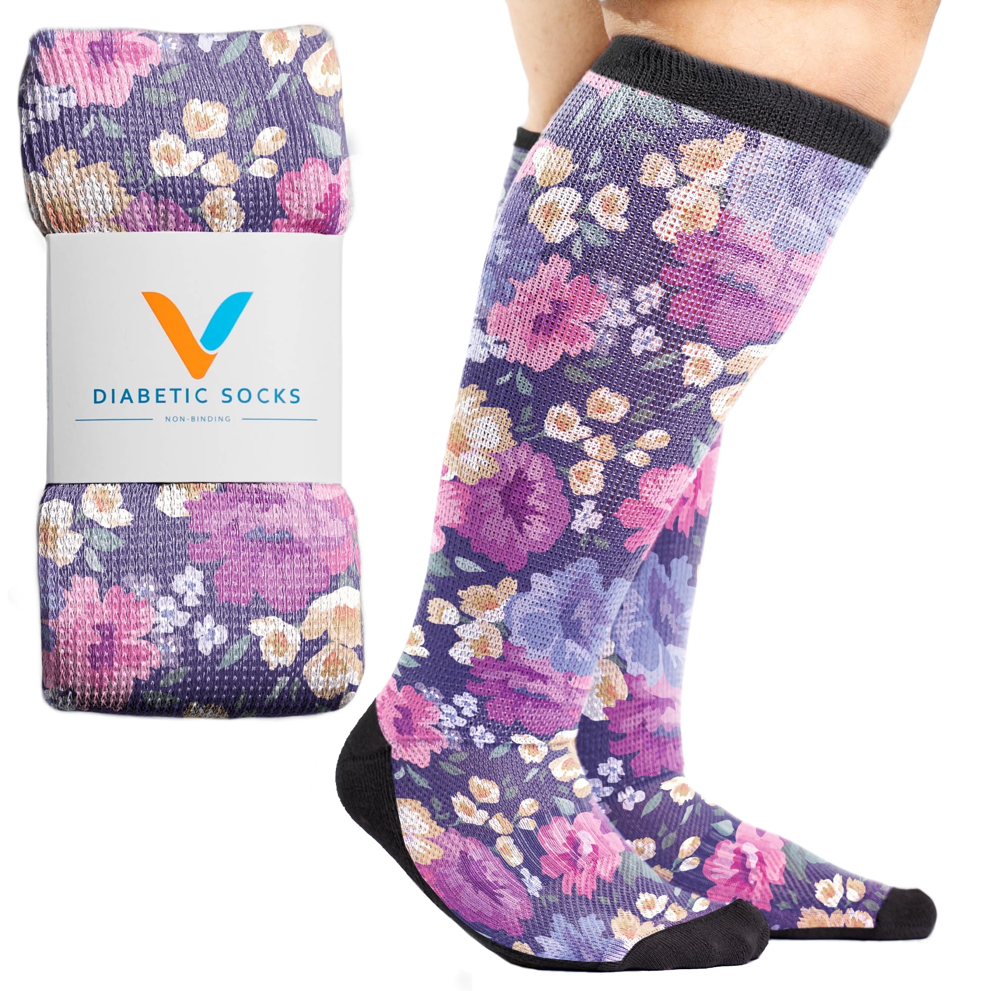 ViasoxEasyStretch Diabetic Socks for Men & Women, Non Binding Top, Seamless Toe, Loose Fit, Floral