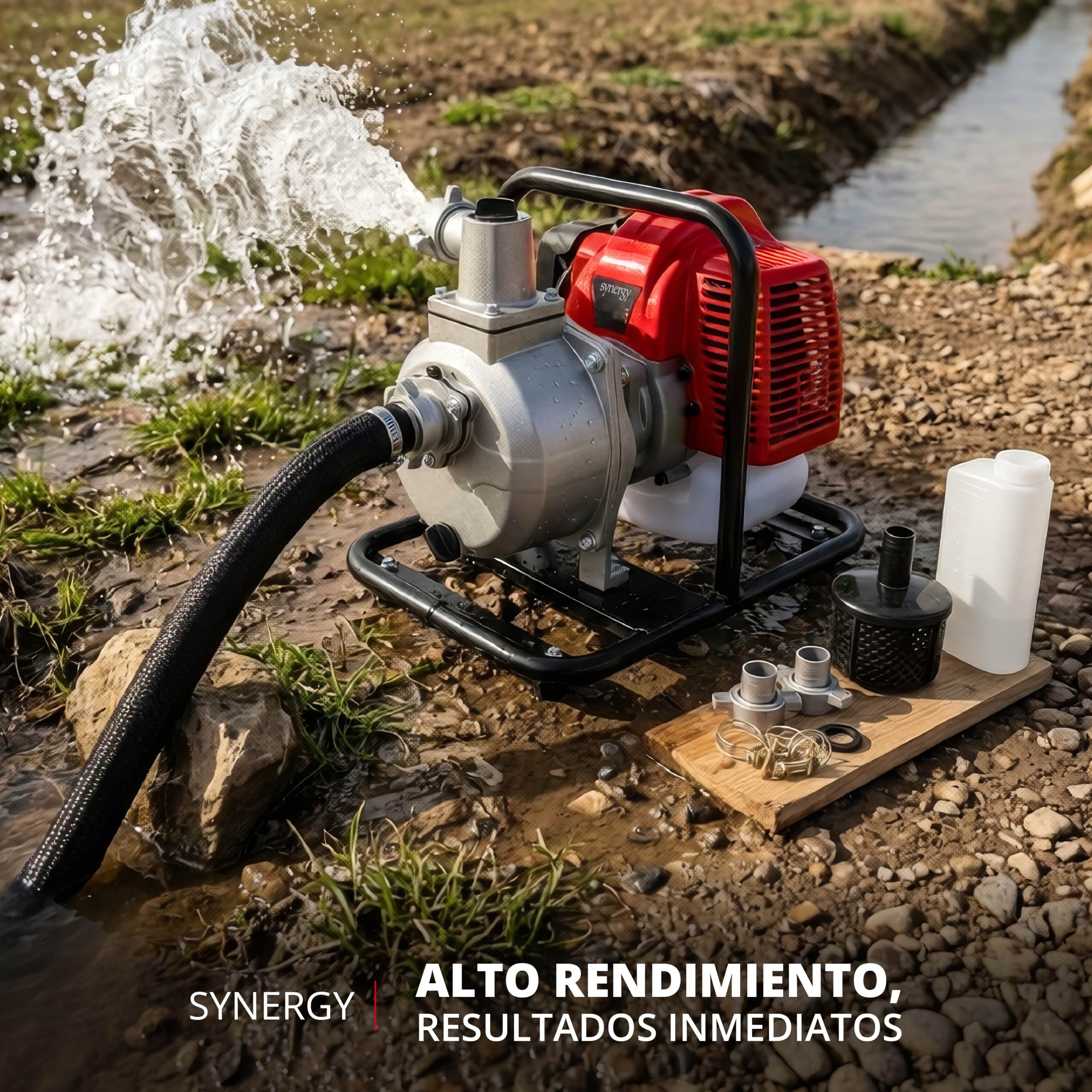 Synergy Motobomba de Gasolina Profesional 2T – Motor 52cc 1,95CV – Caudal 7.000L/h, Altura 24m, Succión 7m, Paso 25mm – Ligera, Compacta y Resistente – Ideal para Riego y Drenaje