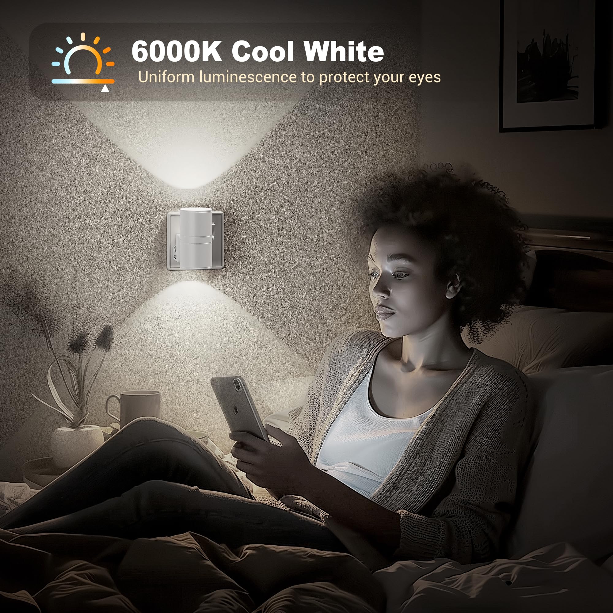 JandCase Night Light Plug in Wall, Dusk to Dawn Sensor, Dimmable Nightlight 0-100LM, Cool White 6000K - Image 3