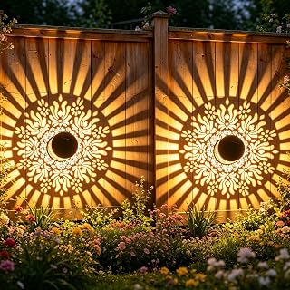 2 Pack Solar Fence Lights Outdoor, Decorative Solar Wall Lights with Peony Pattern, IP65 Waterproof LED Wall Sconce Lantern for Garden Yard Fence Decor, Patio Pathway, Gift for Women Mom