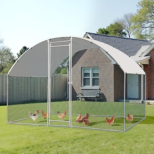 Vista 73 de VINGLI Gallinero grande, jaula de metal para aves de corral, corral de pollos de techo plano con cubierta impermeable y anti-UV para exteriores