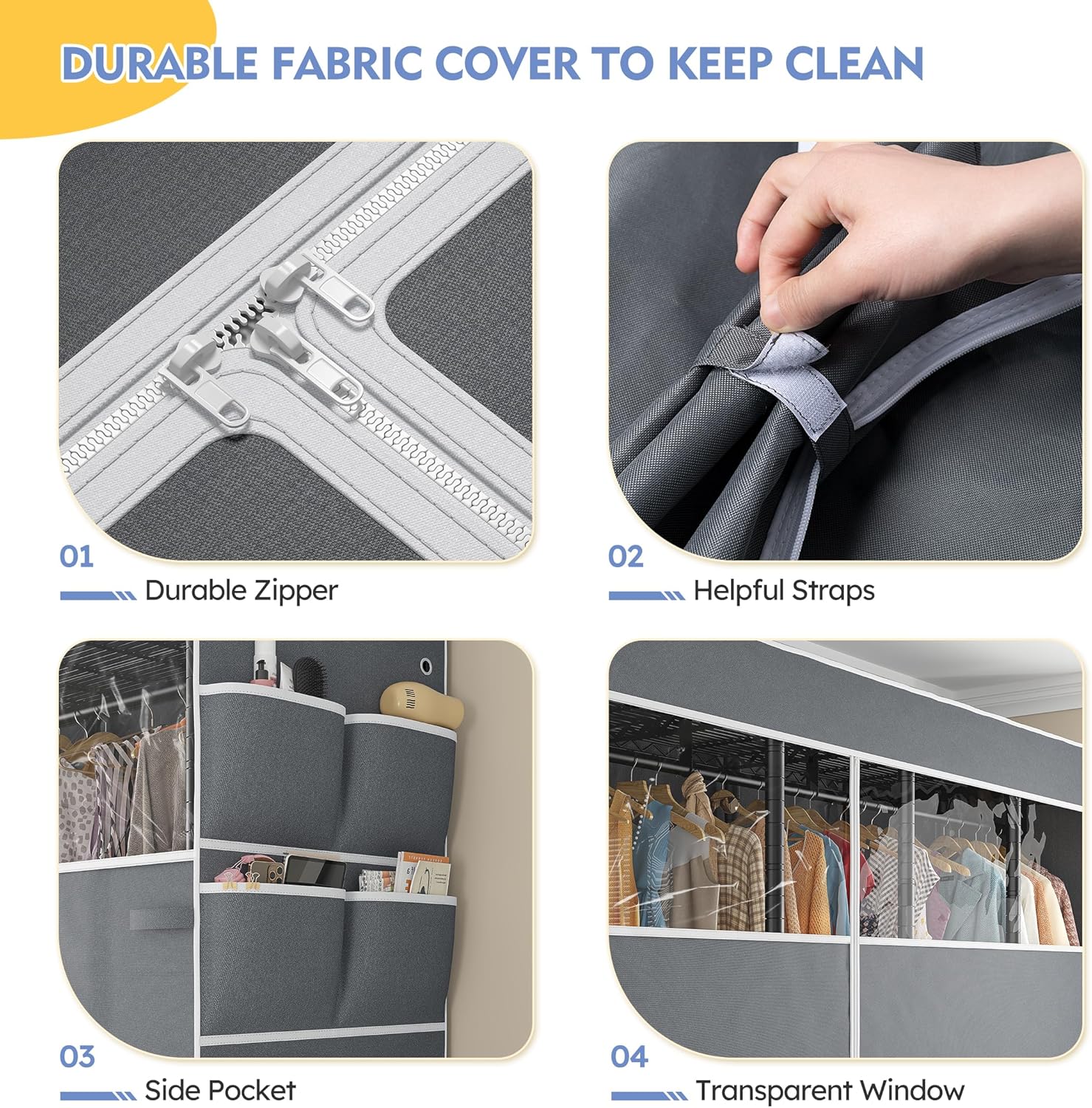 Close-up details of the durable fabric cover, showing the zipper, helpful straps, side pockets, and transparent window.