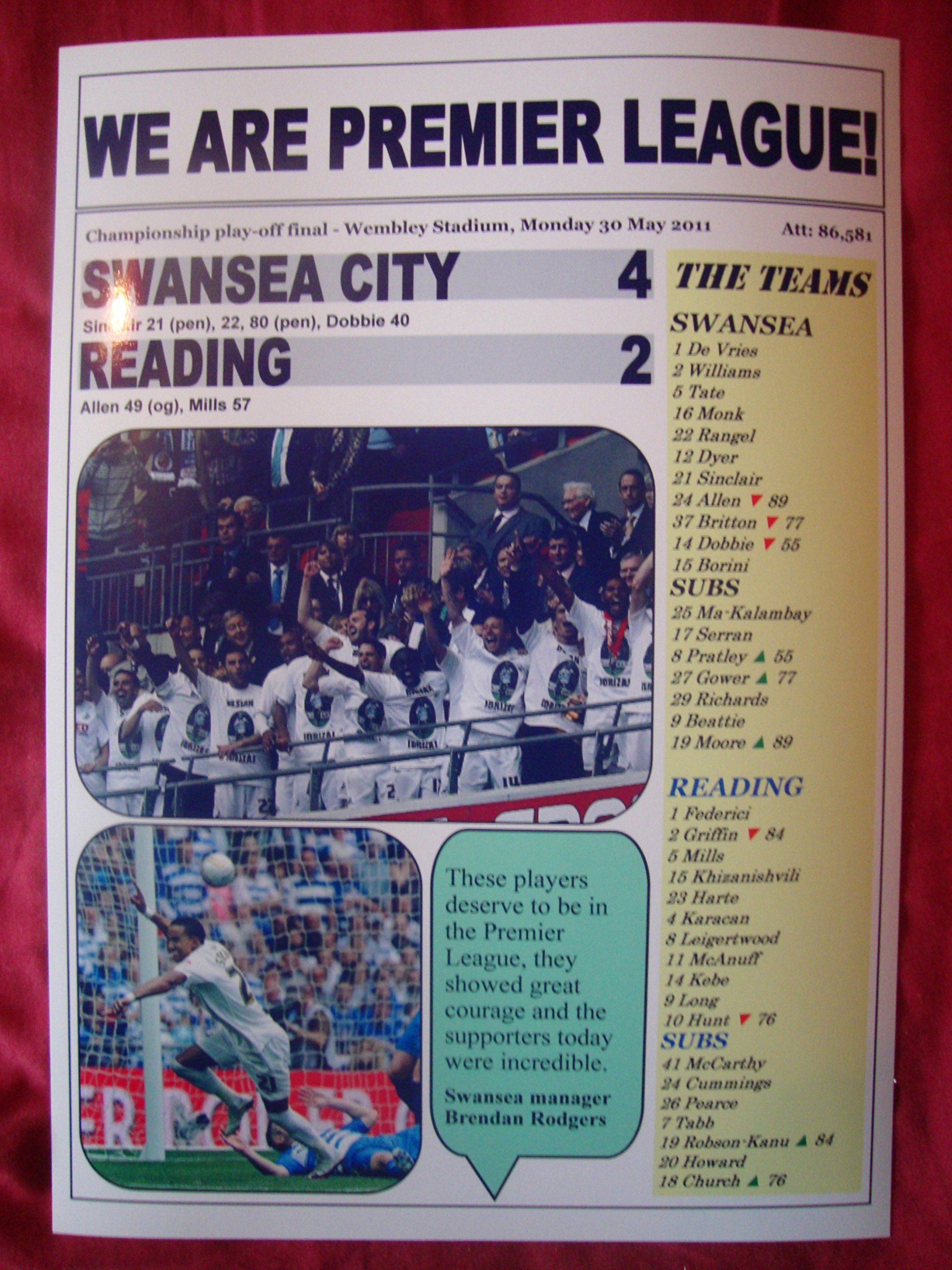 Lilywhite Multimedia Swansea City 4 Reading 2 - 2011 Championship Play-Off Final - Souvenir Print