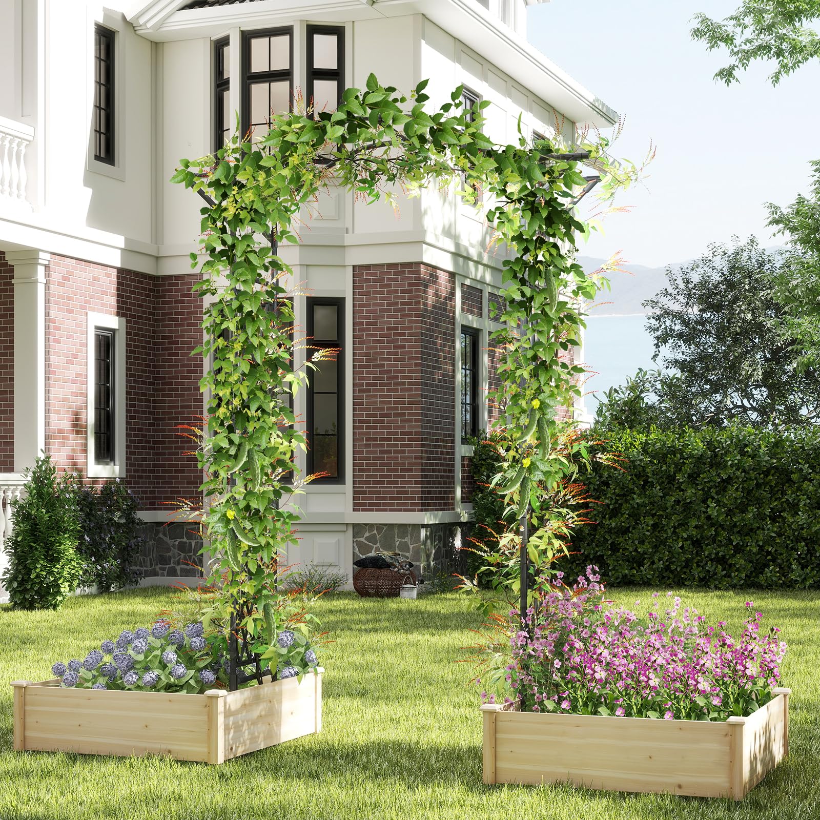 GOPLUS Arche de Jardin 210 CM avec Treillis, Arceau Porte de Jardin Rosiers Exterieur en Métal pour Plantes Grimpantes,Plantes Vignes, Décoration de Fête Mariage (Noir,170 x 39 x 210 cm)