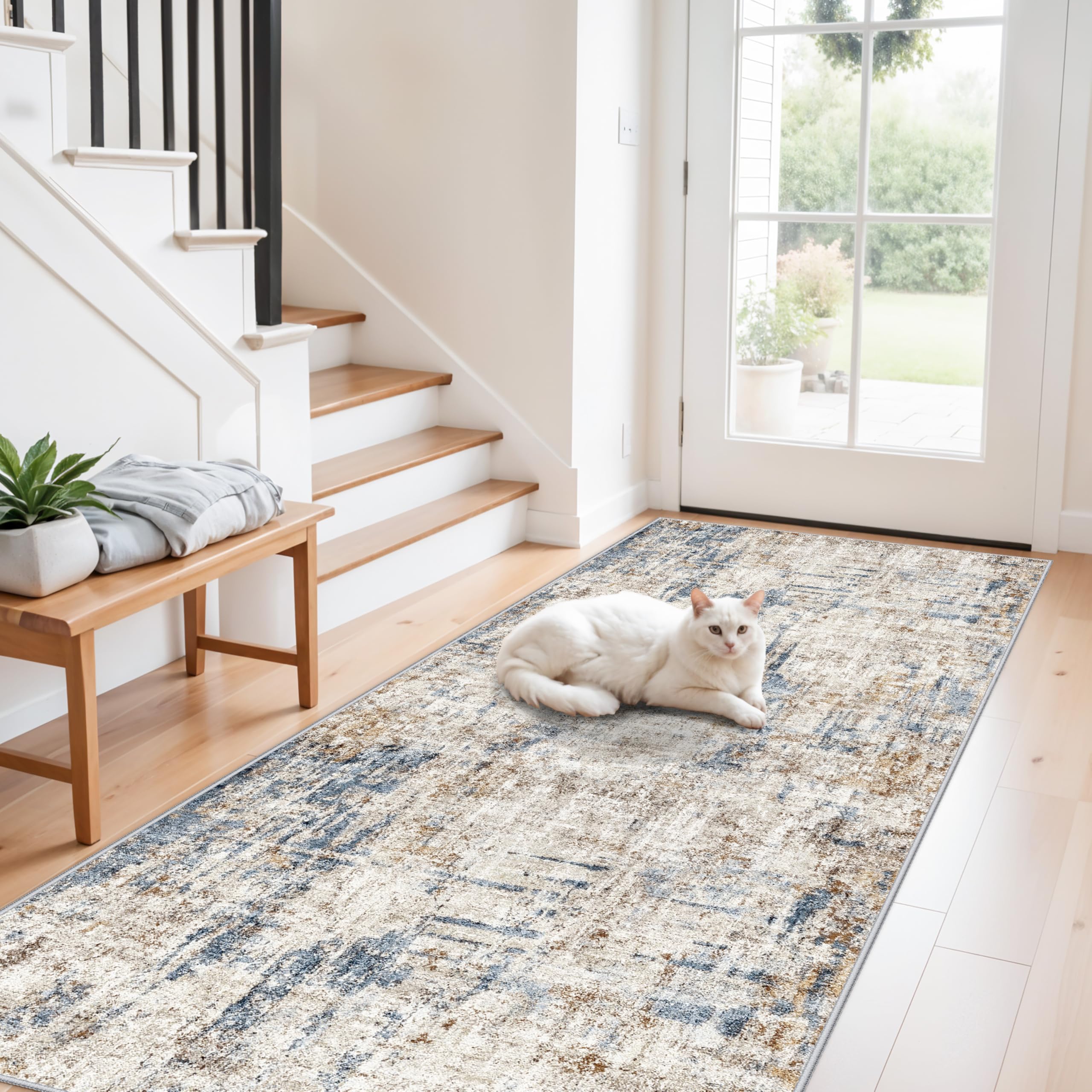 3x8 Washable Non-Slip Runner Rug – Modern Abstract Neutral Wide Carpet Runner for Kitchen, Hallway, Entryway, Bathroom, Bedroom – Low-Pile Thin Floor Mat with Rubber Backing (Blue Brown) — image 1