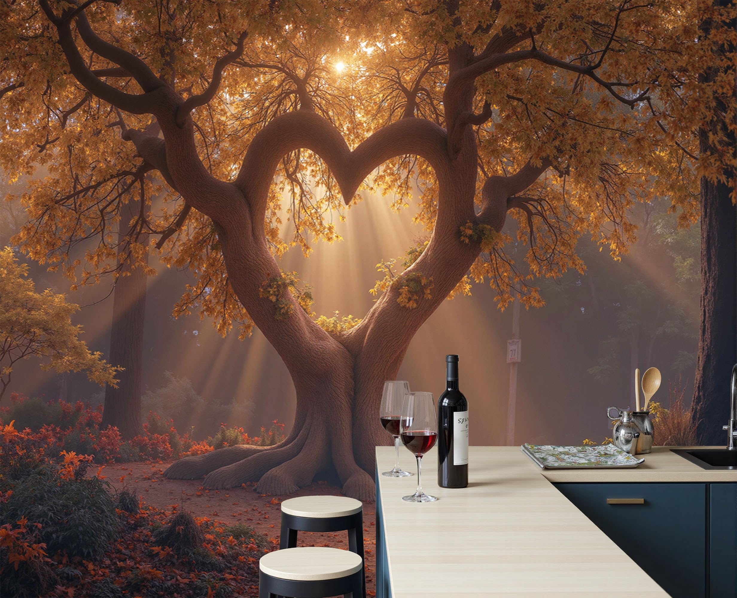 Papier peint panoramique arbre cœur 400x280 pour illuminer un salon sombre jaune moutarde