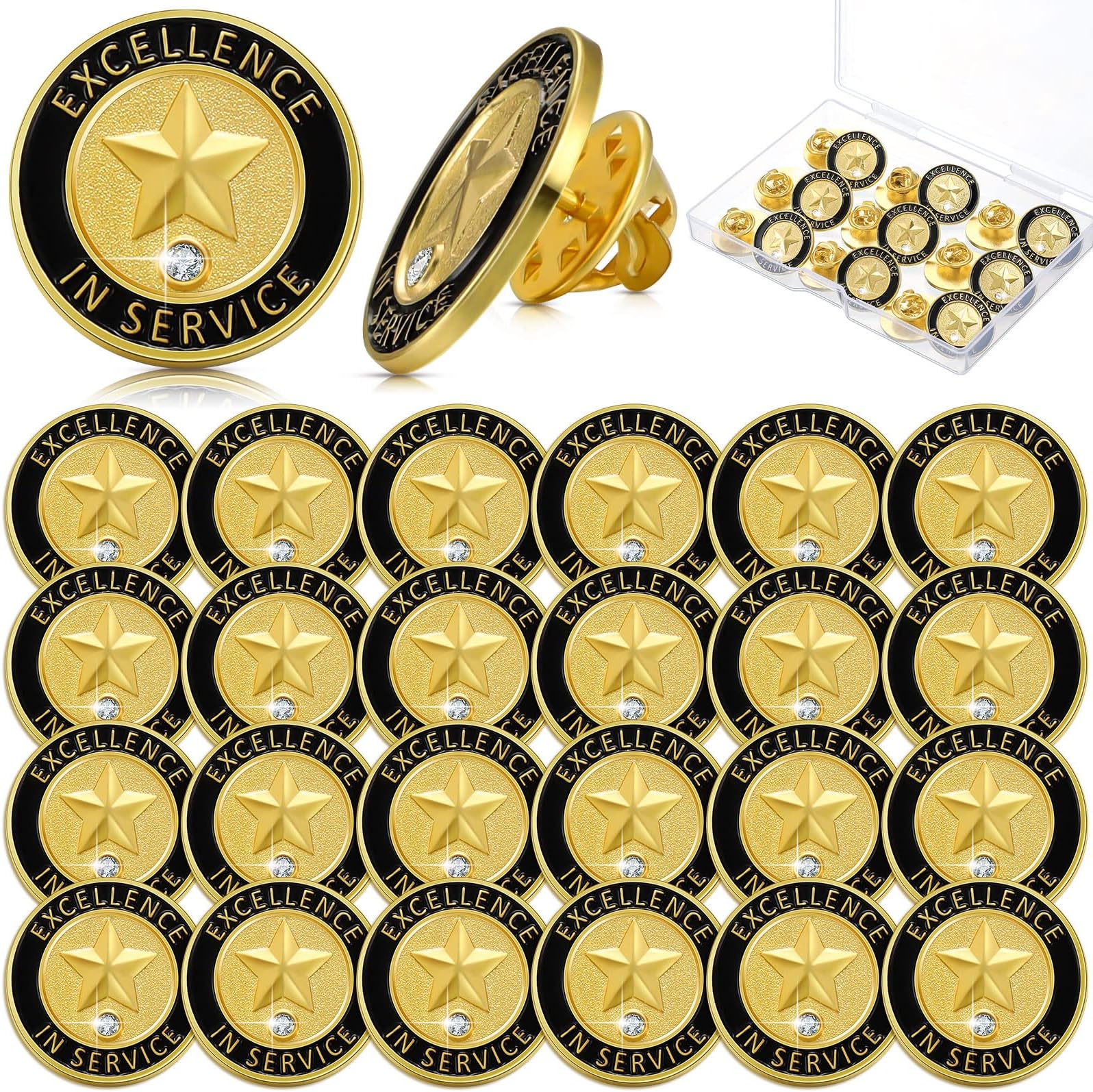 Dingion 24 Pcs Employee of The Month Lapel Pin 3/4 Inch Enamel Pins Excellence in Service Appreciation Pins for Award Employees Staff Team Gift, Metal, goldstone