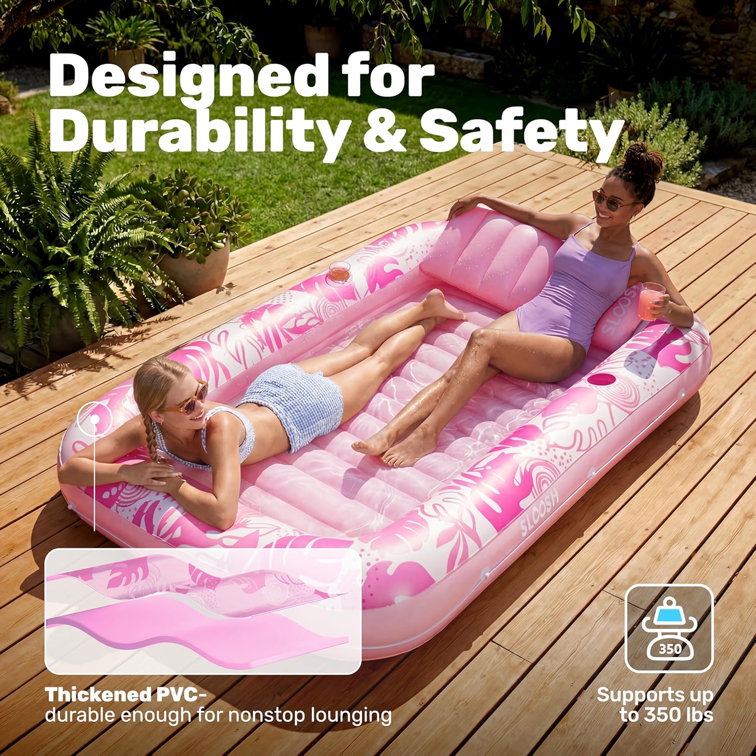 SLOOSH Inflatable Tanning Pool Lounger Float, 85" x 57" Extra Large Pool Floats Adult with Pillow, 4 in 1 Suntan Tub Raft Floatie,Sunbathing Bed Lounge for Water Blow Up Ball Pit, XL-Blushing Pink
