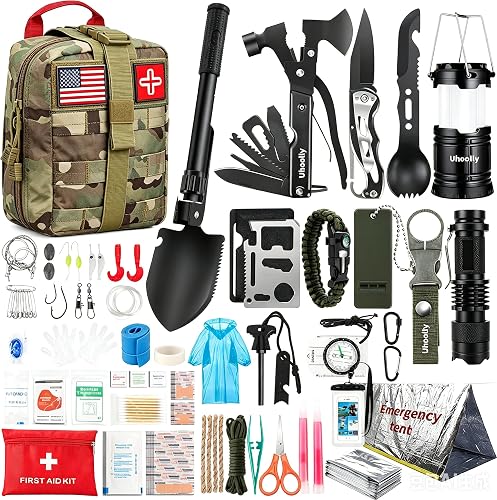 260Pcs Emergency Survival Kit, Full First Aid Supplies with Thermal Emergency Tent, Waterproof MOLLE Backpack, Emergency Gear for Car Earthquake Hiking Camping, Ideal Gift for Men, Dad