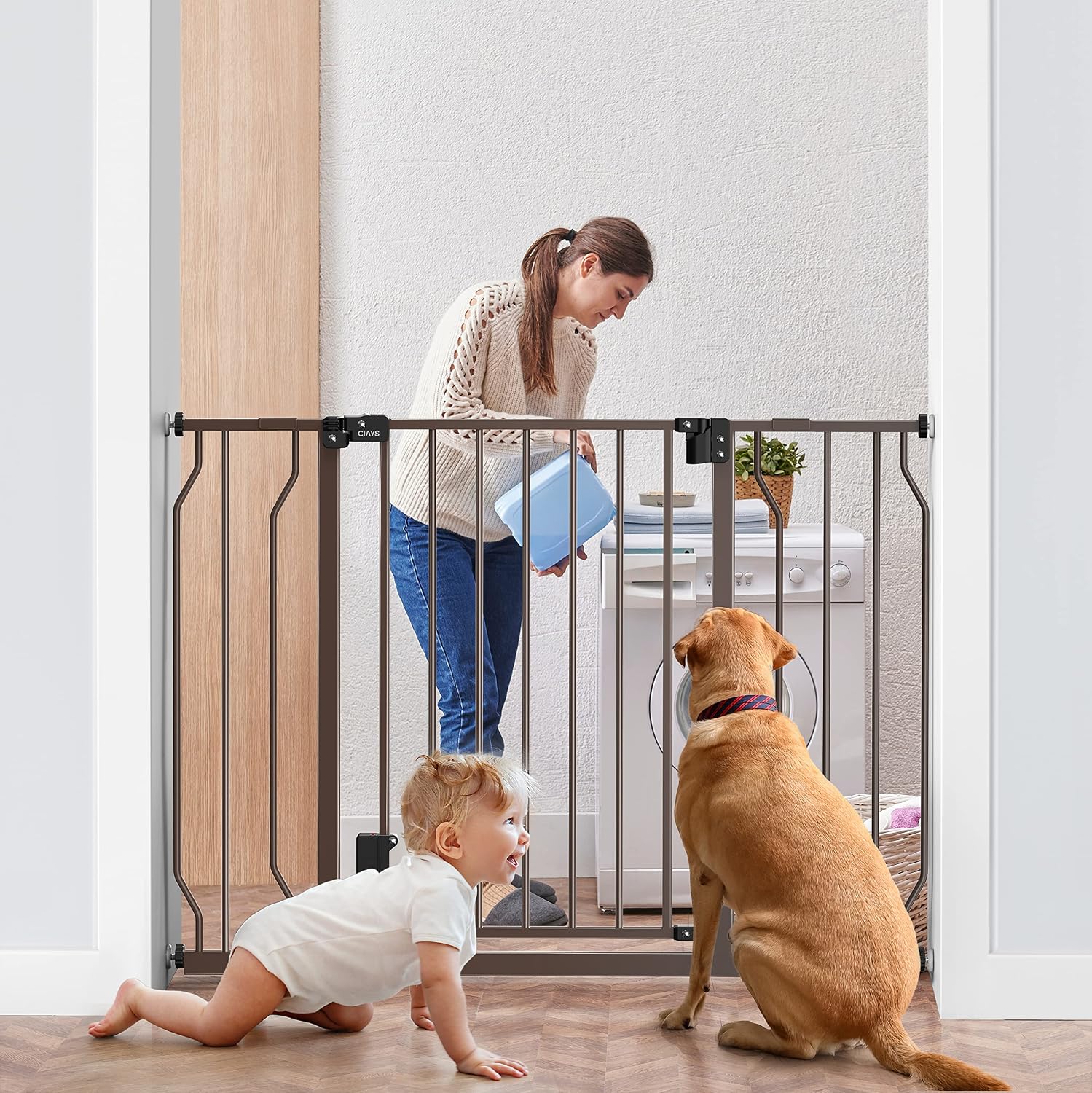 Ciays Baby Gate, 29.5” to 45.3” Dog Gate for Stairs Doorways and House, Auto-Close Safety Metal Child Gate for Babys Dogs with Alarm, Pressure Mounted, Brown