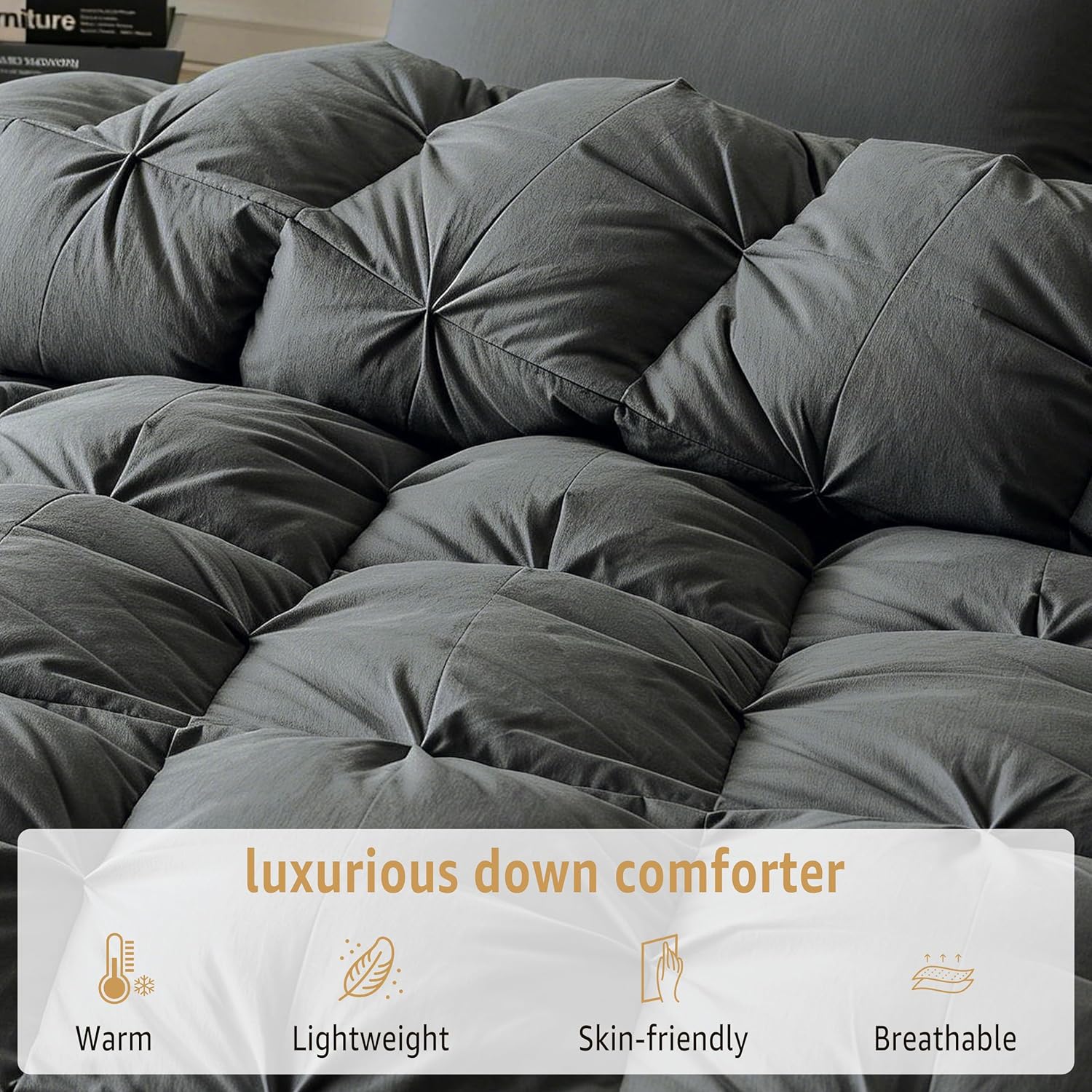 DREAMHOUR Pinch Pleat Goose Down Comforter King Size 106x 90，All Season Fluffy Duvet Insert, Noiseless Anti-Down Leak，100% Cotton Shell, RDS Oeko-TEX Certified, Hotel Luxury Bedding