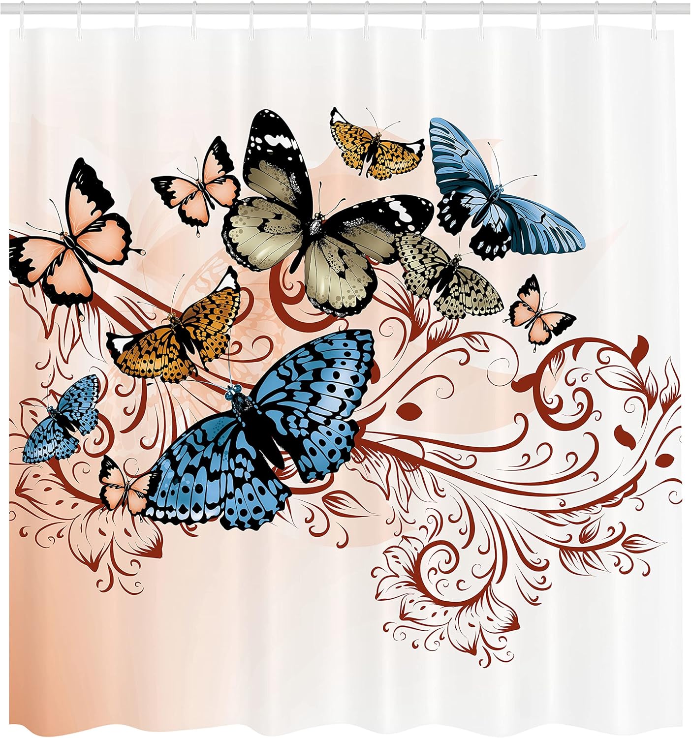 Ambesonne Butterfly Shower Curtain, Monarch Butterflies Vintage Damask Inspired Design, Cloth Fabric Bathroom Decor Set with Hooks, 69" W x 70" L, Pale Rust