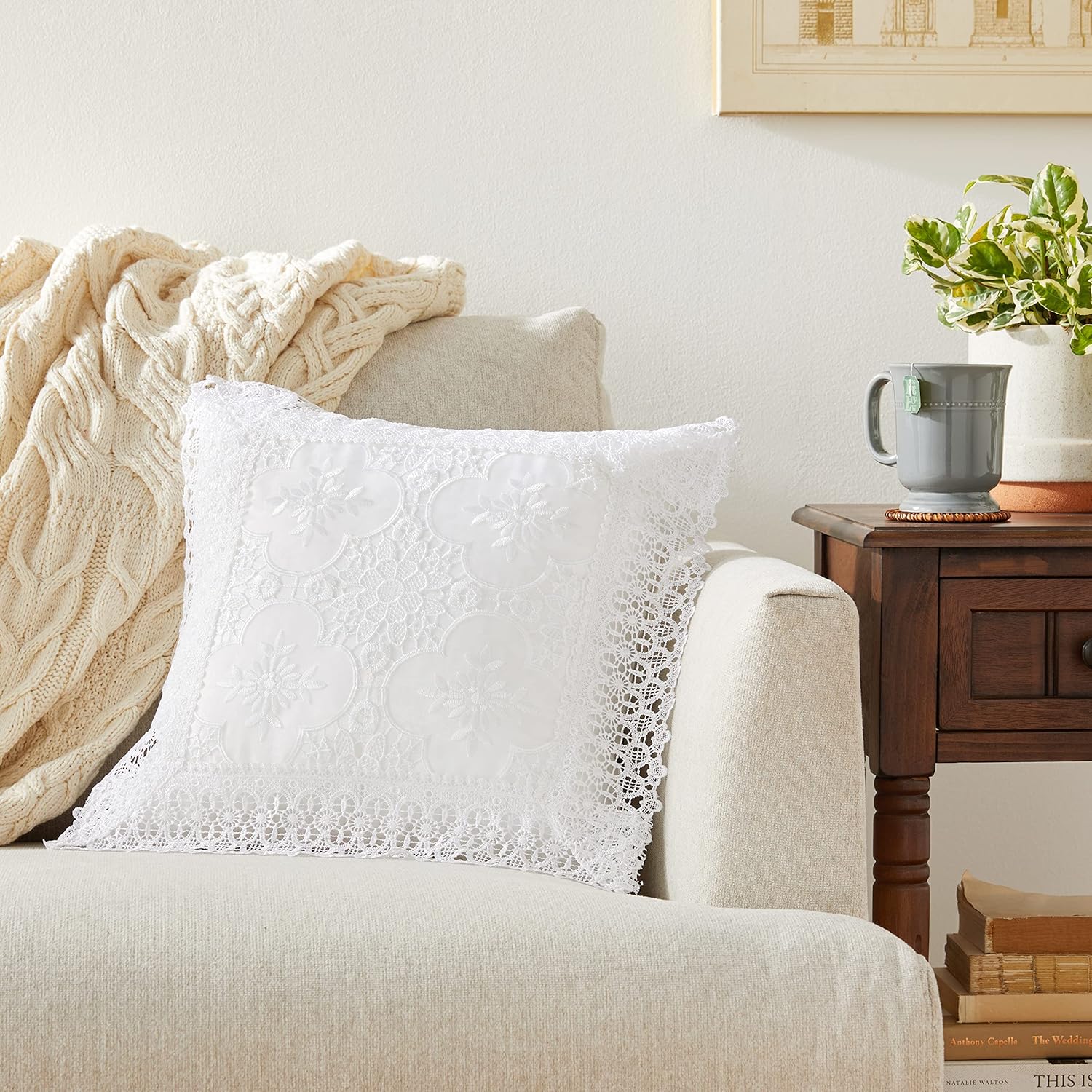 Violet Linen Luxurious Braided Decorative Lace Cutwork Design, 18" X 18" Throw Pillow, White