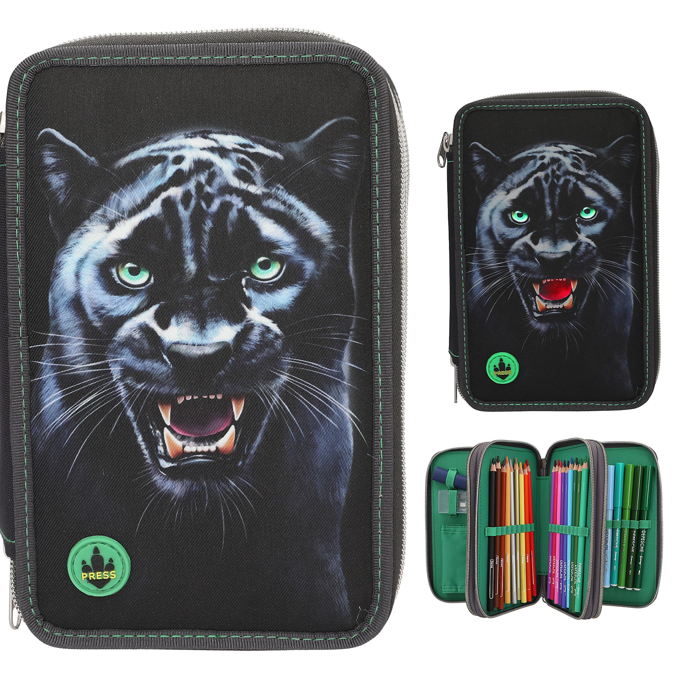 Depesche 13709 Adventure World Panther - Astuccio a 3 Scomparti in Nero, con Motivo Pantera ed Effetti di Luce LED, Astuccio con matite Colorate, Forbici, Righello e Molto Altro.