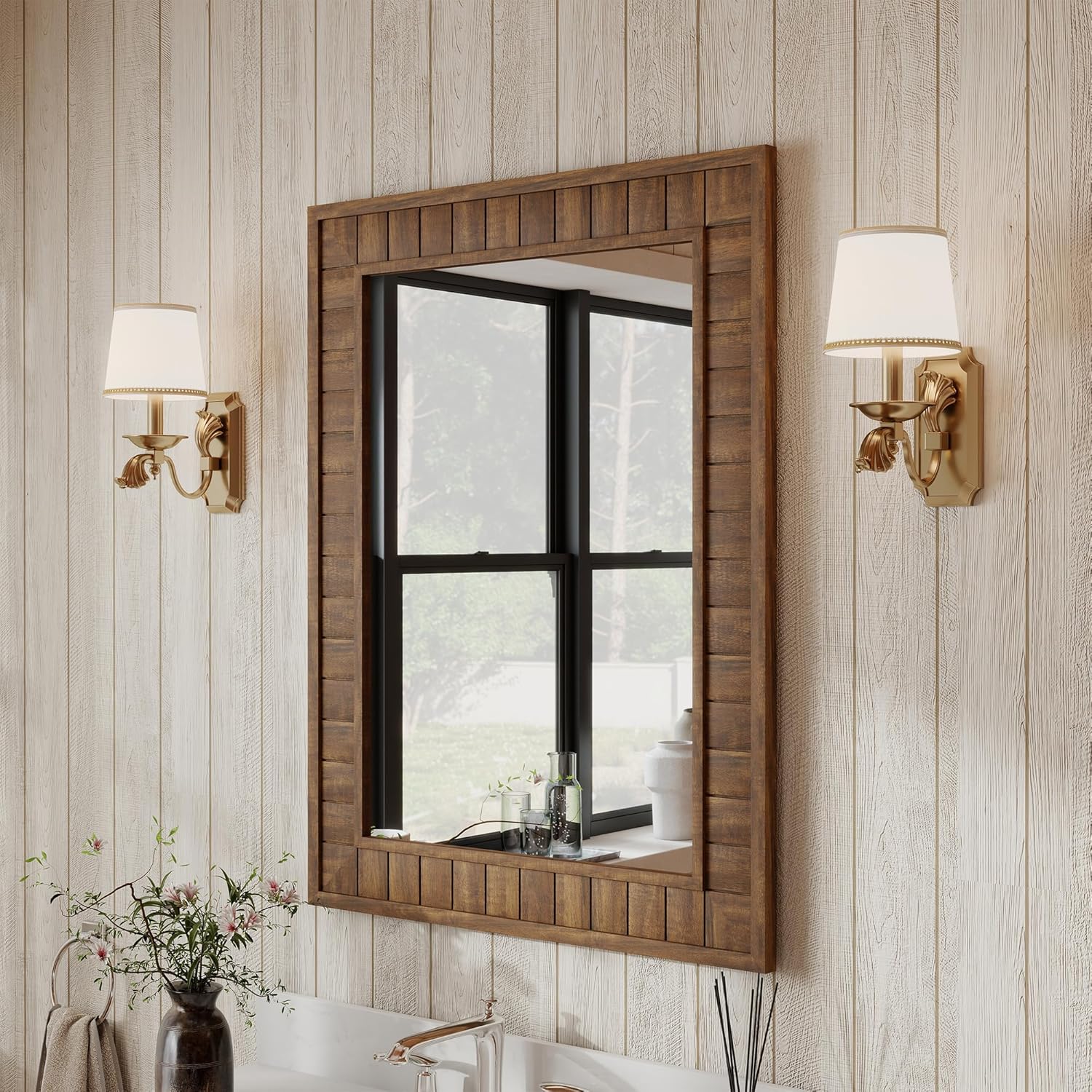 37"x28" Wood Framed Wall Mirror - Large Rectangular Bathroom Vanity Mirror, Natural Oak Solid Wood Frame, Farmhouse Rustic Decor for Bedroom, Living Room, Entryway,Walnut Brown
