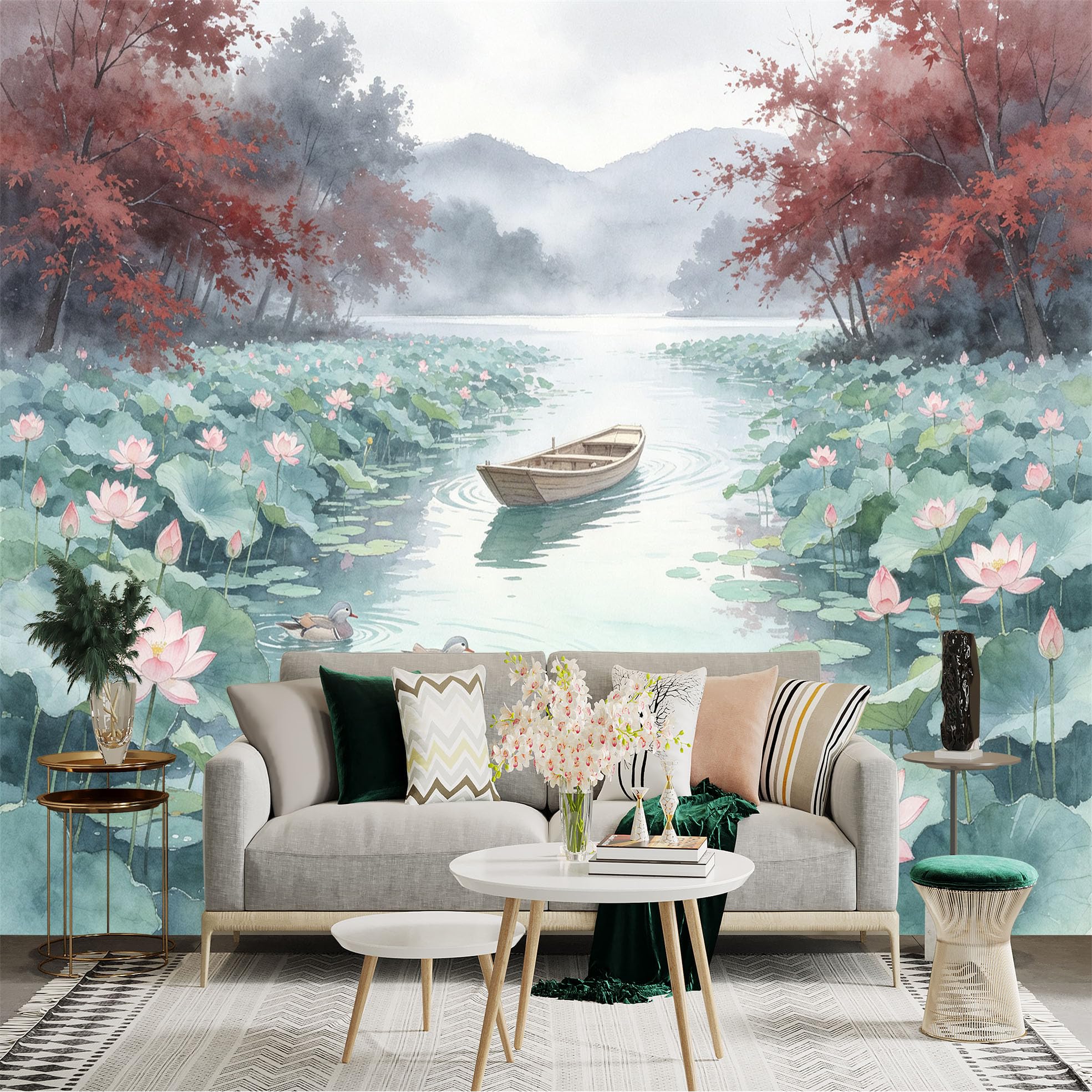 Custom Size Wall Sticker Mural， Watercolor Lotus Pond with Mandarin Ducks， Misty Landscape， Floating Wooden Boat， for wall Decoration， peelandstick wall Decals.