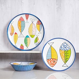 Melamine Dinnerware set for 4, Plates and Bowls Sets, Great for Camper, RV, Indoors Outdoors Use with Ocean Printed, Unbreakable