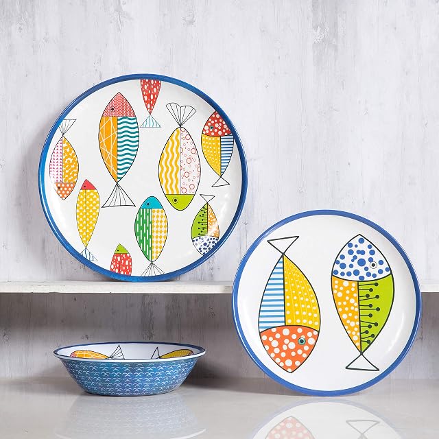 Melamine Dinnerware set for 4, Plates and Bowls Sets, Great for Camper, RV, Indoors Outdoors Use with Ocean Printed, Unbreakable