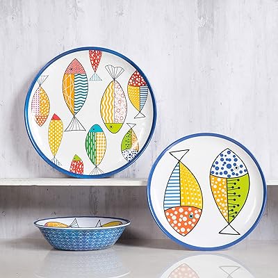 Gofunfun Melamine Dinnerware set for 4, Plates and Bowls Sets, Great for Camper, RV, Indoors Outdoors Use with Ocean Printed, Unbreakable