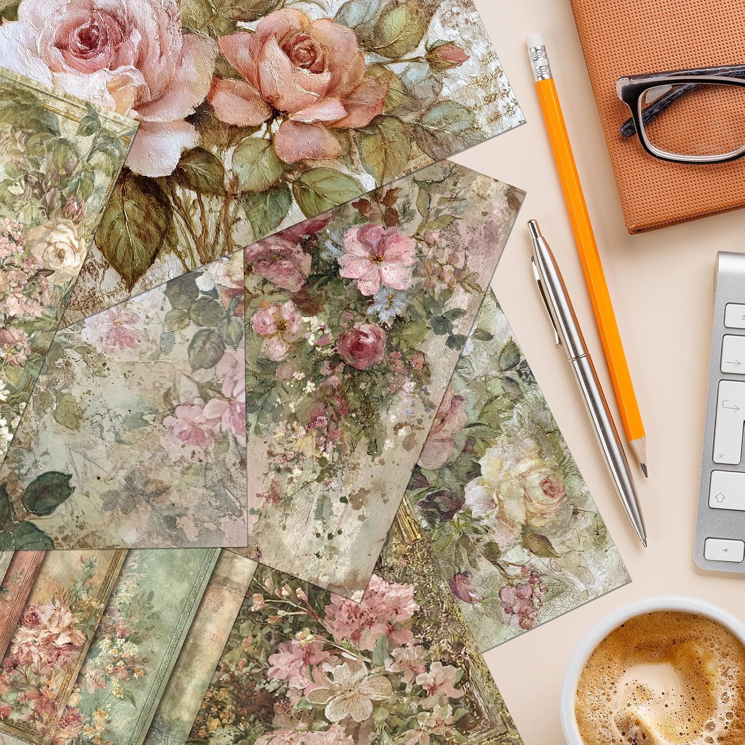 60 Sheets Grungy William Morris Scrapbook Paper, Vintage Floral Decorative Craft Paper Folded Flat for Spring Birthday Card Making Valentine Photo Album Journal Decor, 11'' x 8.5'' image 5