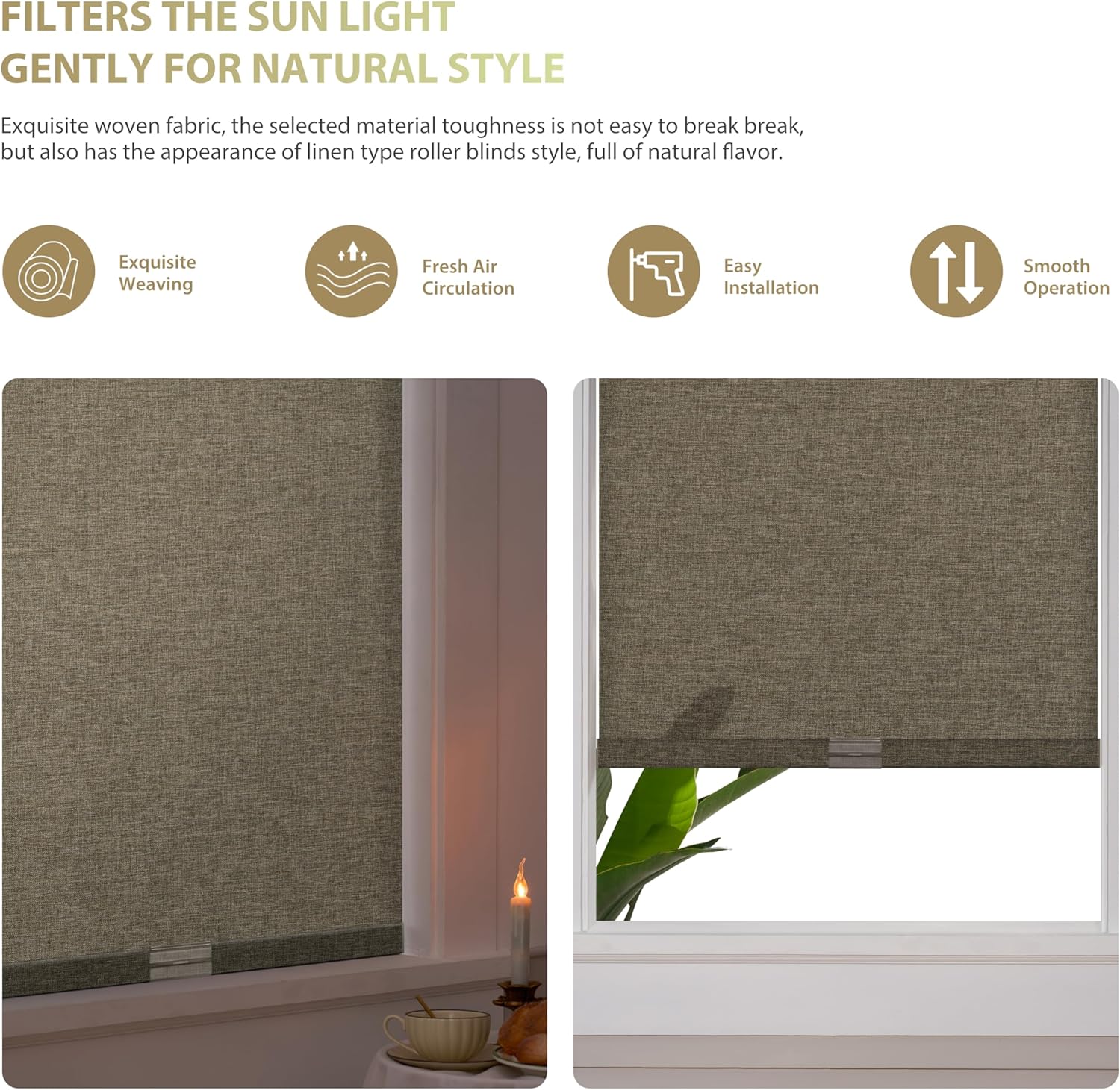 Boolegon Light Filtering Roller Shades for Windows Linen Fabric Cordless Roller Blinds with Cassette Valance Thermal Insulated Energy Saving Window Shades for Home Door,Coffee Brown,Custom Sizes