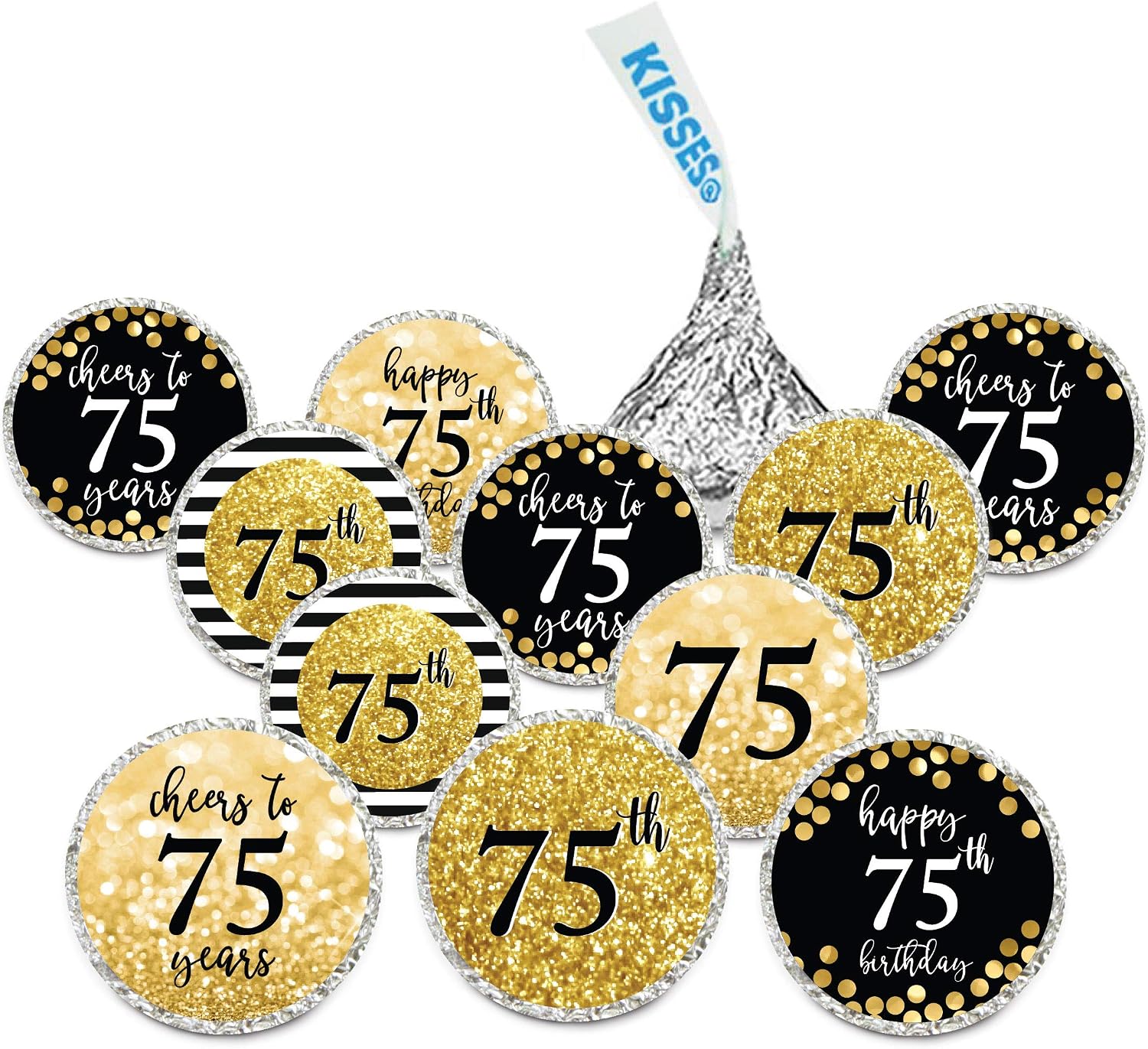 Andaz Press Glitzy Faux Gold Glitter Milestone Chocolate Drop Labels, Cheers to 75 Years, 75th Birthday or Anniversary, 240-Pack, Not Real Glitter, Fits Kisses Party Colored Supplies