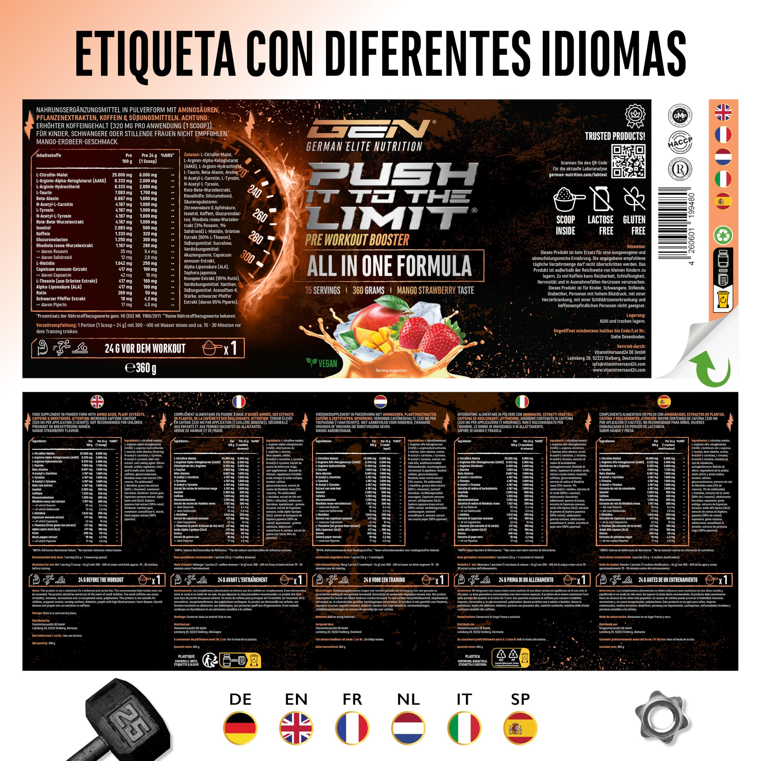 Push it to the Limit - Preentrenamiento con L-arginina + citrulina + L-tirosina + L-teanina + L-carnitina + AAKG + taurina + rhodiola rosea + cafeína - Alta dosis - 360 g - Sabor mango y fresa