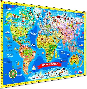 World Map for Kids Learning - Large Colorful 33 x 24 Illustrated World Map Educational Posters - Fun Search & Find Geography Games Atlas Wall Art Poster For Classroom, Home