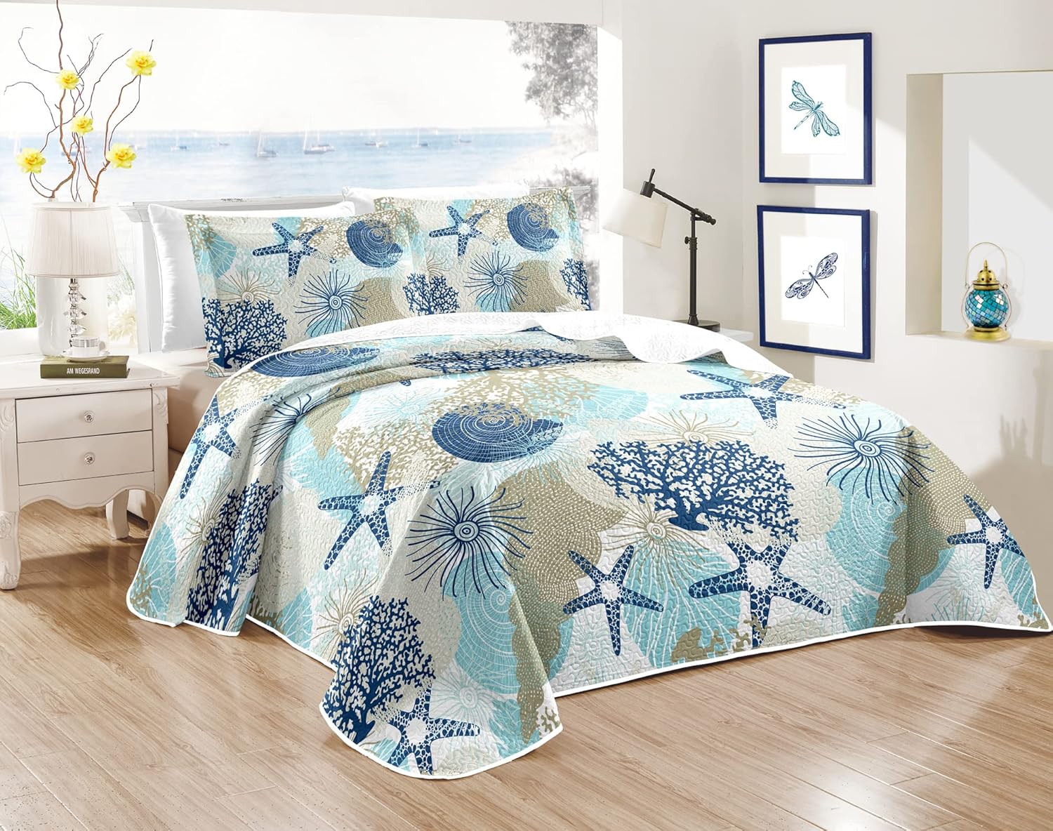 Blue Coastal Beach Quilt Set Ocean Themed Starfish Coral