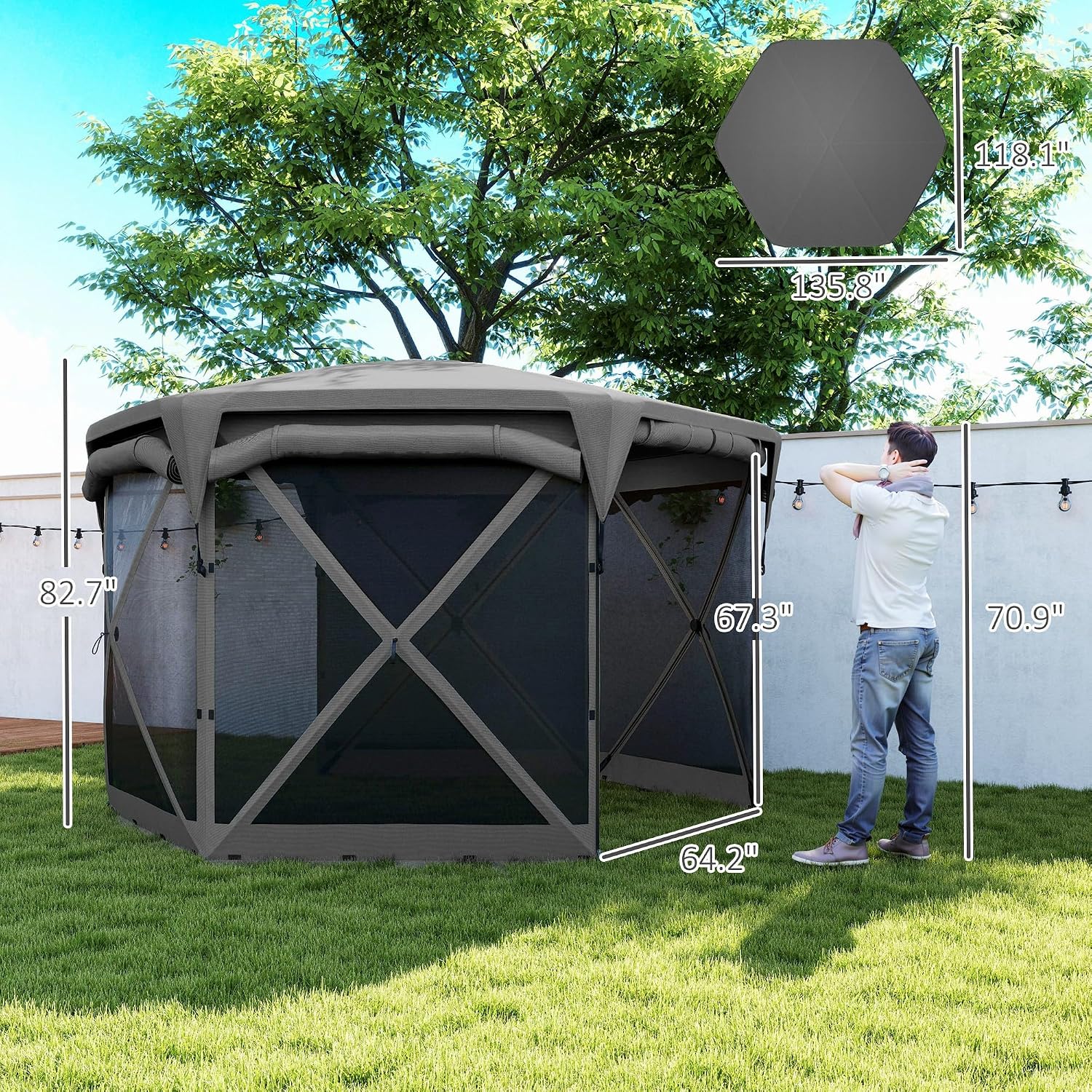 Outsunny Pop Up Gazebo Screen Tent House, 11 x 11ft with UPF30+ Removable Roof Cover, 4 Roll-up Wind Panels and Carry Bag for Camping, Patio, Backyard, Lawn, Dark Gray