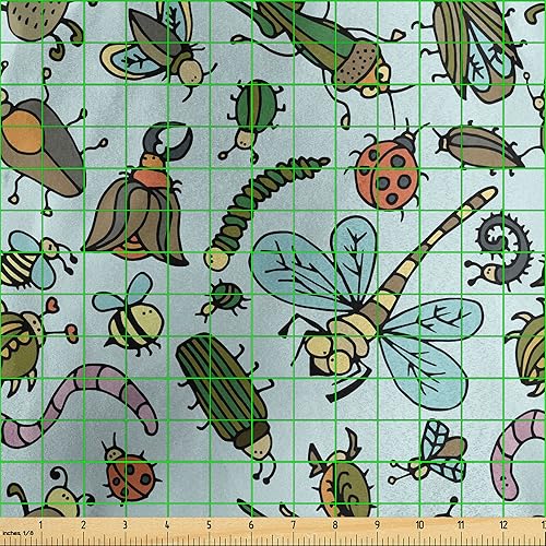 Miniatura 3 de Ambesonne Cartoon Fabric by The Yard, Pastel Animals Pattern Dragonflies Beetle Ladybug Earth Worm Spring, Decorative Satin Fabric for Home Textiles