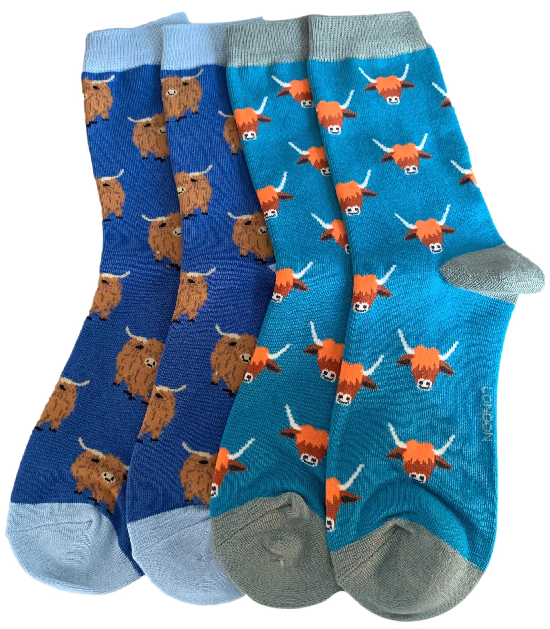 Purple Possum® Highland Cow Socks Hairy Coo Cows Cattle 2 Pair Pack Ladies Turquoise Blue Lilac One Size