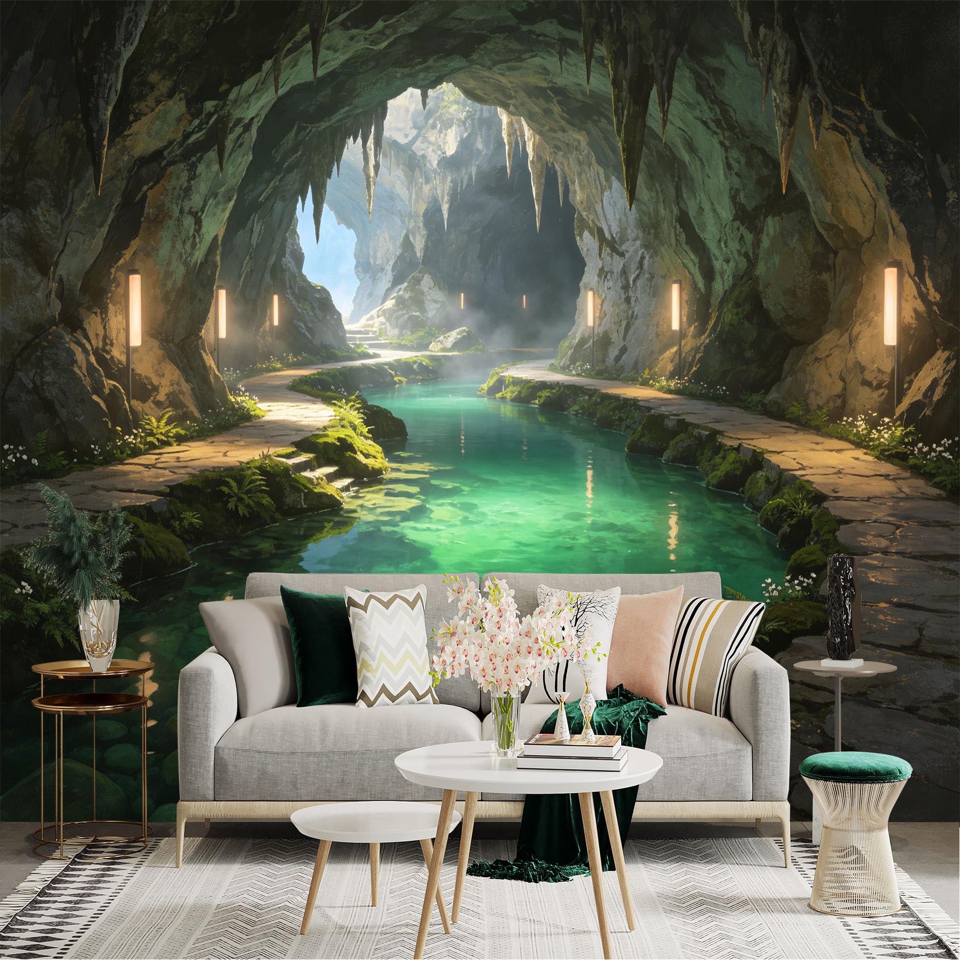Custom Size Wall Sticker Mural， Mysterious Limestone Cave with Emerald River， Mossy Stone Pathway and Soft Glowing Lights， for wall Decoration， peelandstick wall Decals.