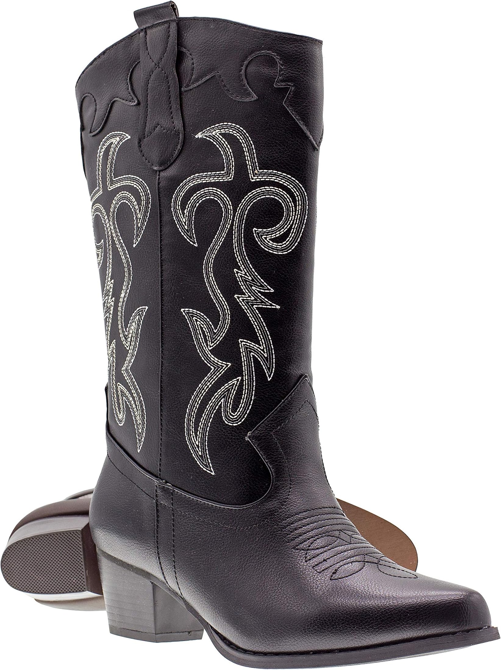 Canyon TrailsWomen's Rodeo Boots - Classic Western Booties for Women & Teen Girls, Black, Mid-Calf, Faux Leather, Memory Foam Insole, Cowboy Boots