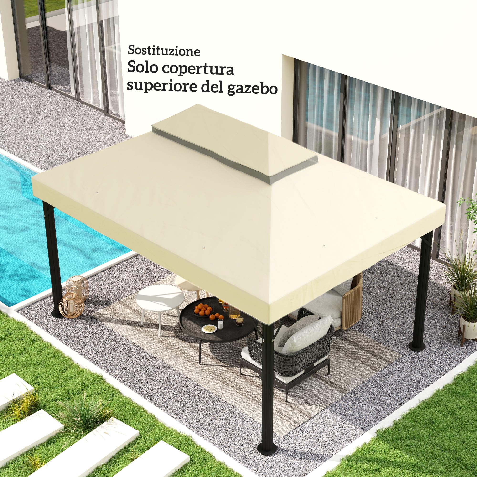 Outsunny Tetto di Ricambio per Gazebo 4x3 m a 2 Livelli Bianco Crema | da Giardino, Telo Gazebo, Resistente all'Acqua, Tessuto Oxford 370g/㎡, Anti-UV 30+, Fori di Drenaggio