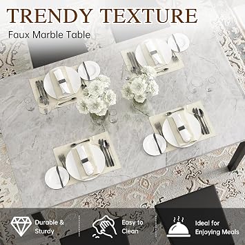 HOOSENG Dining Table and Chairs Set 4, Faux Marble Small Dining Table with Button Tufted Chairs for Kitchen & Home (Gray & Black)
