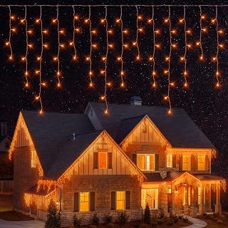 LED Icicle Lights, 300 LEDs, 33ft, 8 Modes, Curtain Fairy Light with 50 Drops, Clear Wire LED String for Christmas/Thanksgiving/Easter/Halloween/Party Backdrops Decorations (Orange)