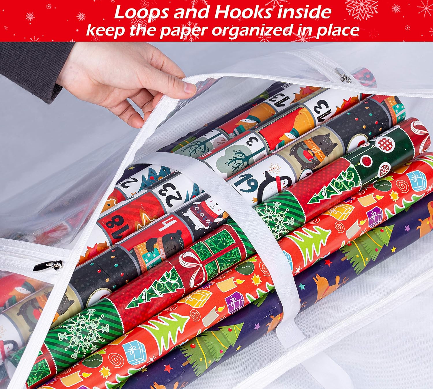 KIMBORA Double Sided Wrapping Paper Holder 4.4" Gusseted Gift Organizer Storage with 5 Large Pockets for Gift Wrap Bags Ribbons Bows Closet, White: Home & Kitchen