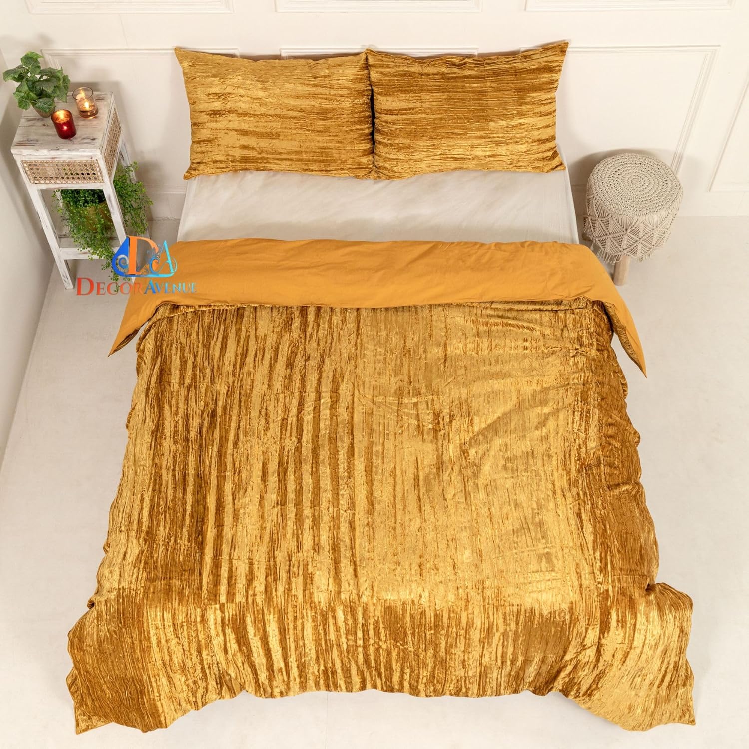 Ultra-Luxe Crushed Velvet Duvet Cover, Boho Bedding UO Comforter Bedding Donna Cover,3 Pc Duvet Set, Velvet Bedding Set(Yellow Gold,Cushions 18" x 18")