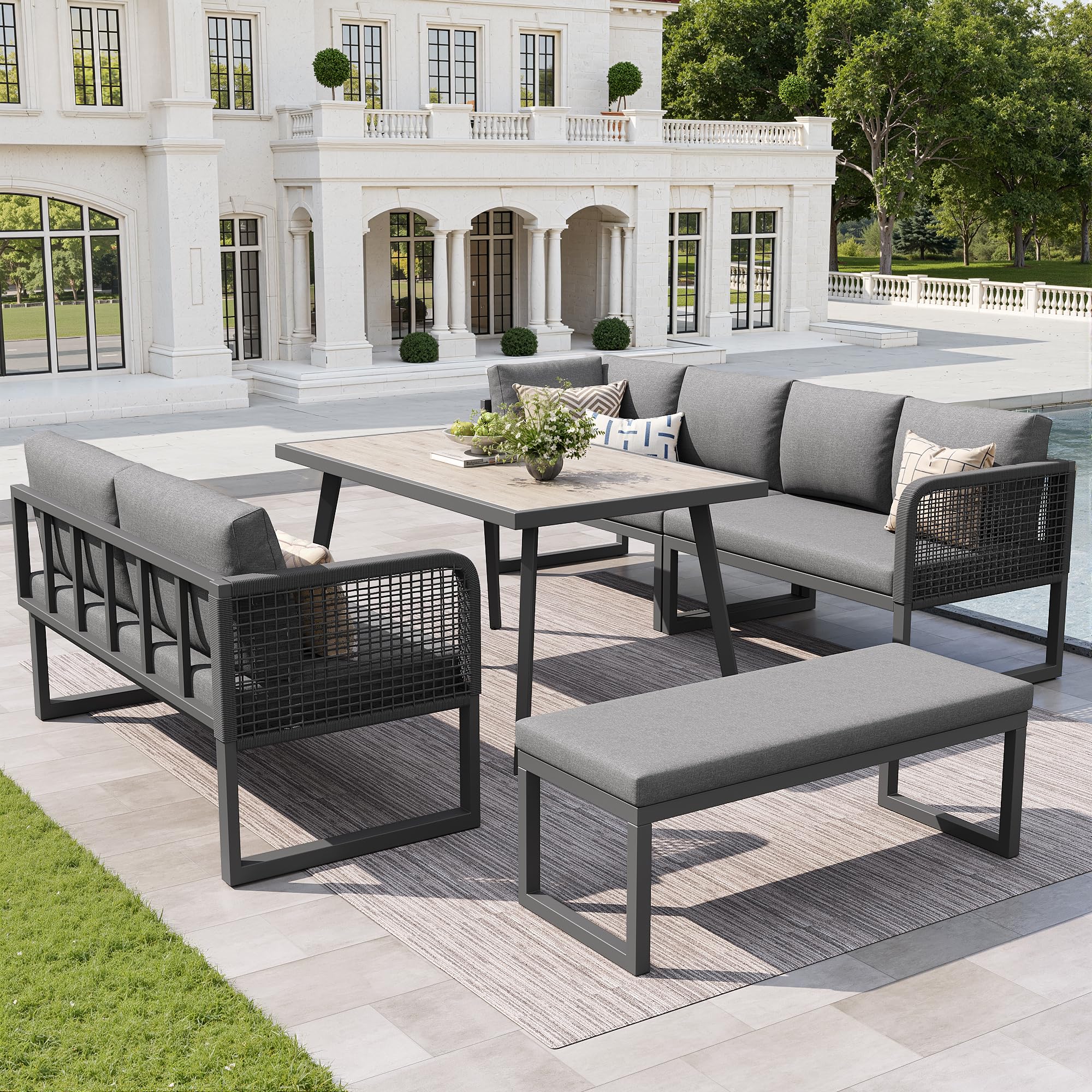 Sapgaks Salon de Jardin d'extérieur 6-8 Places,Canapé d'angle extérieur en L avec Coussin et Table,Rotin PE tissé à la Main,Ensemble de canapé de Jardin résistant aux intempéries,Gris