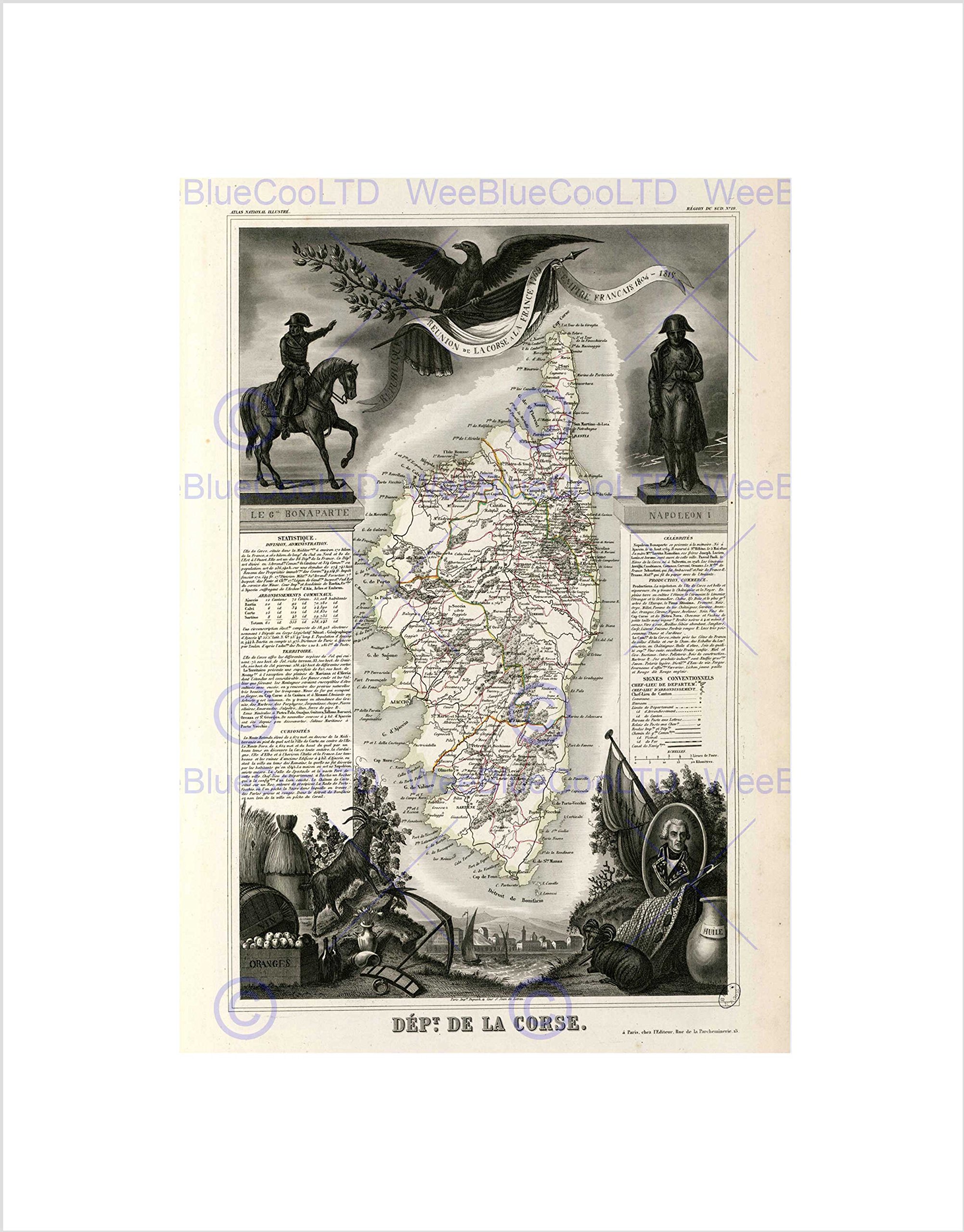 Wee Blue Coo MAP OLD FRANCE LEVASSEUR CORSICA DEPARTMENT BLACK FRAMED ART PRINT B12X3623