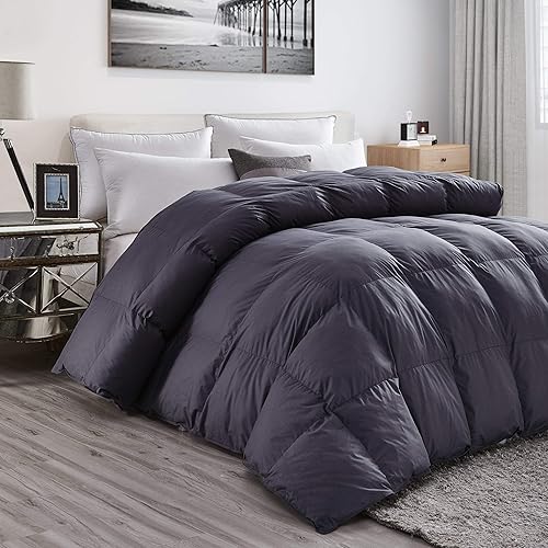 Lujoso edredón ligero de plumón de ganso tamaño matrimonial, color gris clásico, caja deflectora de alta calidad, funda de 1200 hilos 100% algodón
