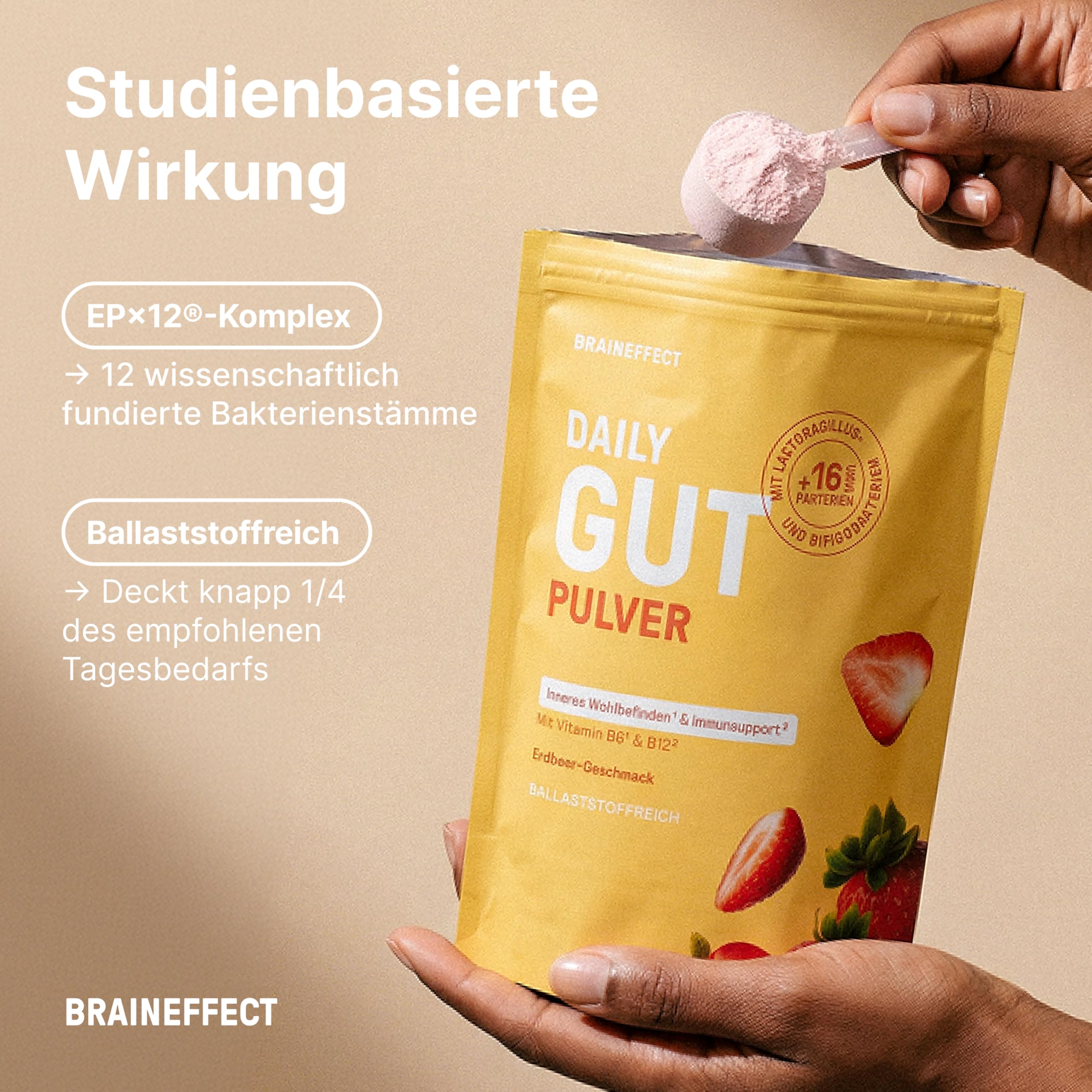 BRAINEFFECT DAILY GUT – Probiotisches Getränkepulver mit 16 Mrd. lebenden Bakterien & 7 g Ballaststoffen pro Portion, mit Vitamin B1, B2, B6 & B12, Erdbeergeschmack – 240 g