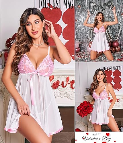 Miniatura 3 de Avidlove - Conjunto de lencería tipo camisón de encaje y malla para mujer